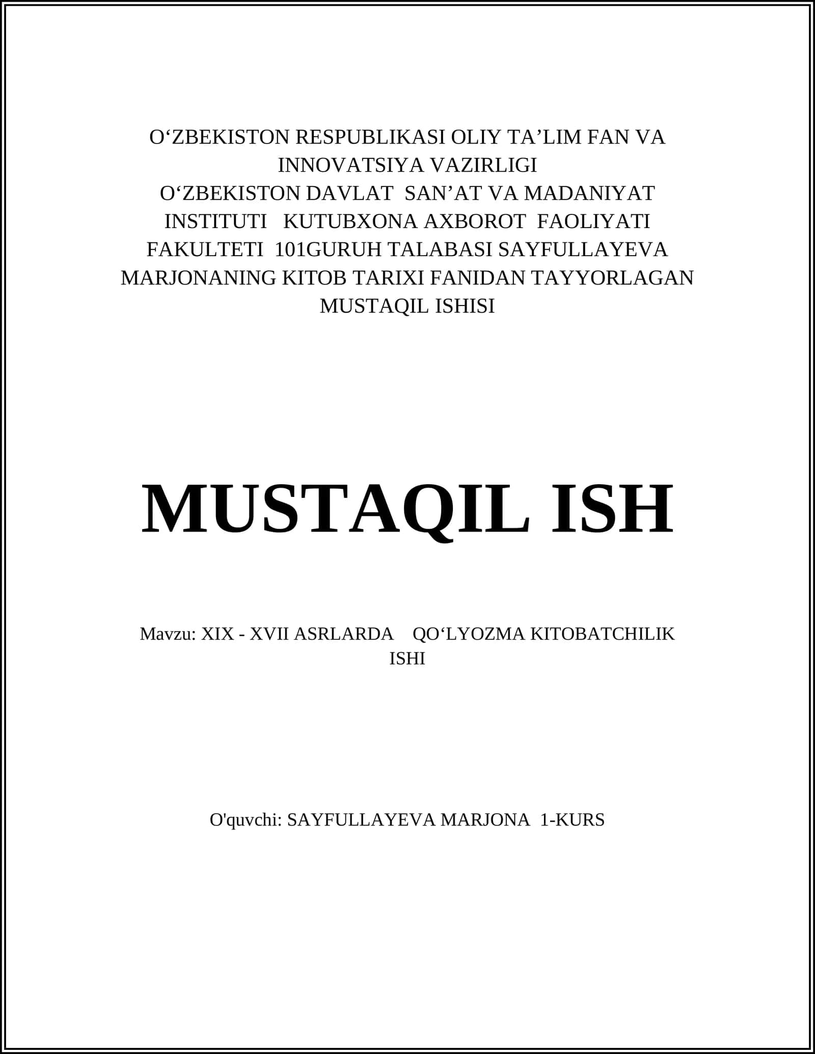 XIX - XVII ASRLARDA QO‘LYOZMA KITOBATCHILIK ISHI 1