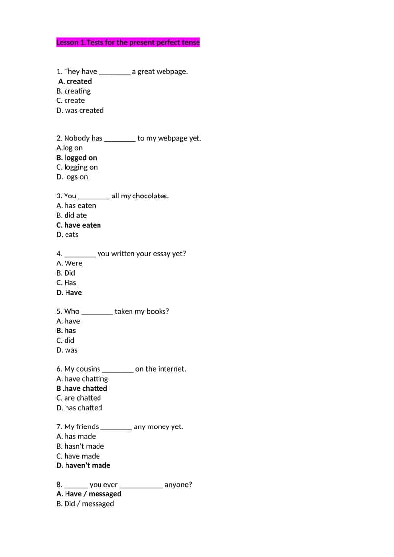 Tests for the present perfect tense 1