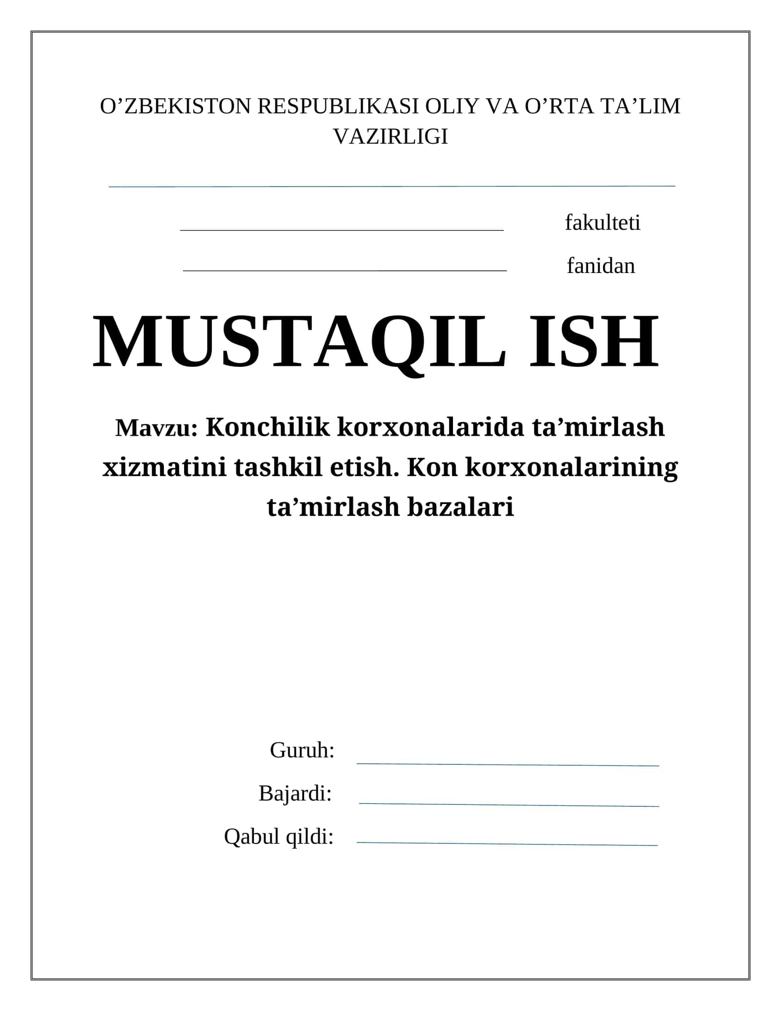 Konchilik korхonalarida ta’mirlash хizmatini tashkil etish 1