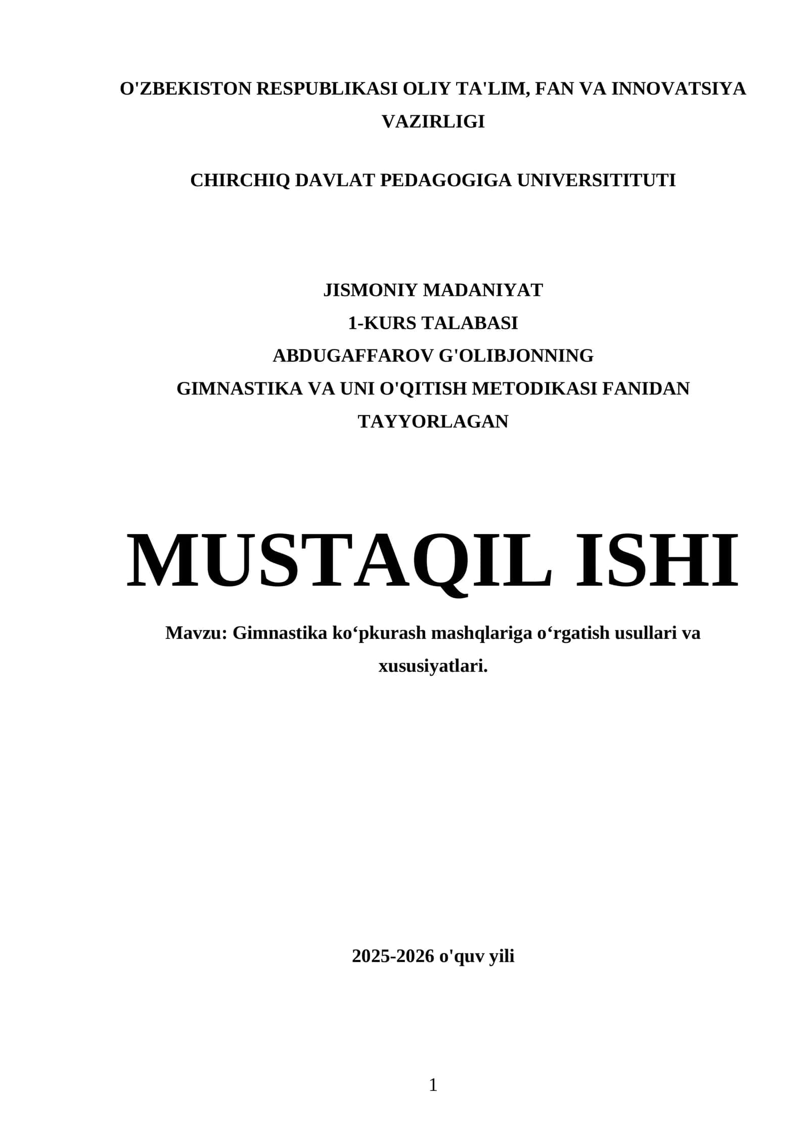 Gimnastika va uni o'qitish metodikasi fanidan tayyorlagan mustaqil ishi 1
