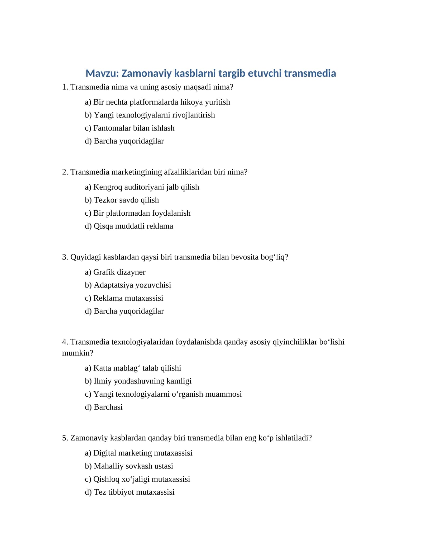 Zamonaviy kasblarni targib etuvchi transmedia 1