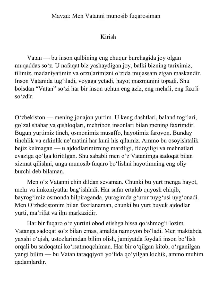 Mavzu: Men Vatanni munosib fuqarosiman 1