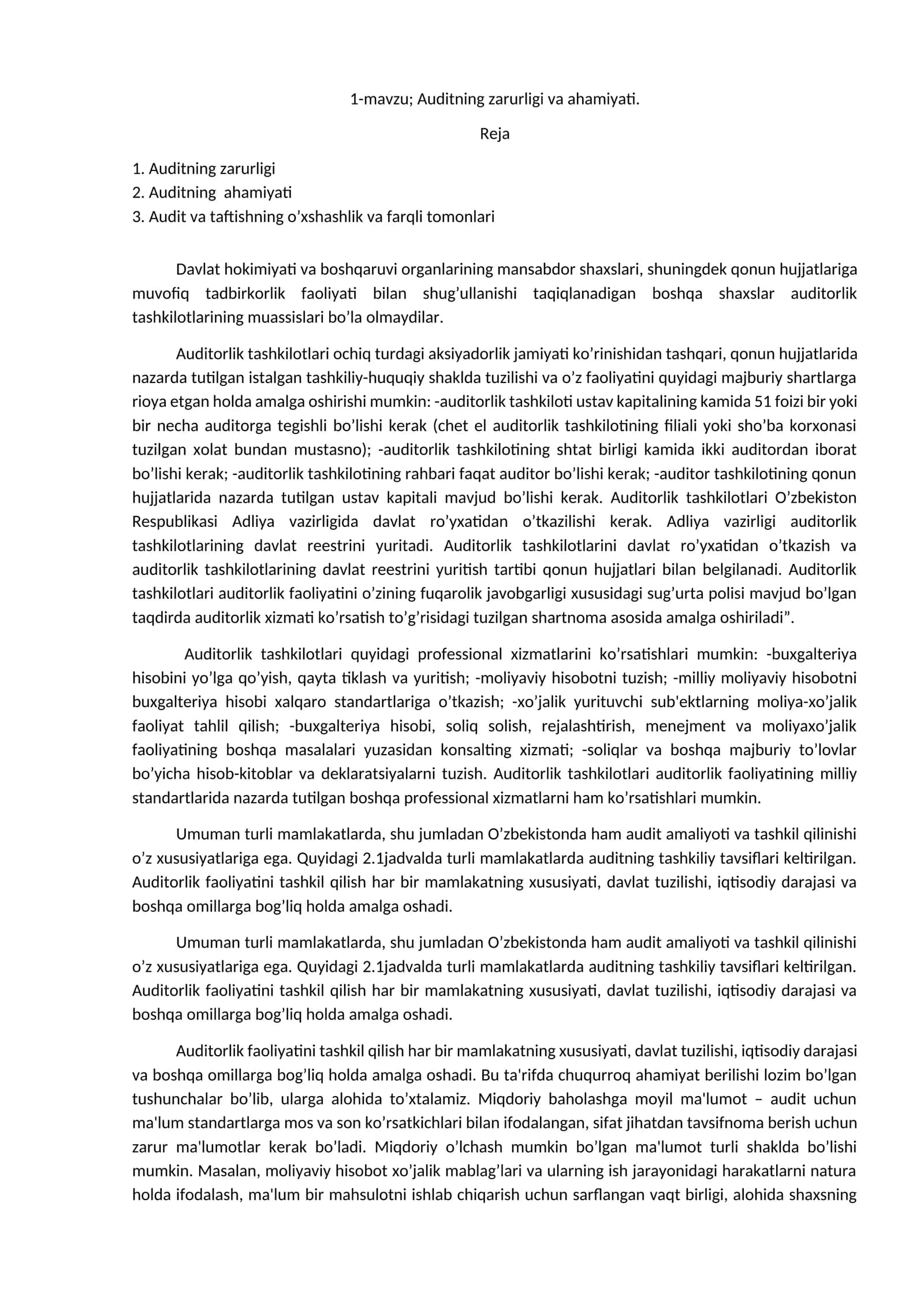 Auditning zarurligi va ahamiyati 1