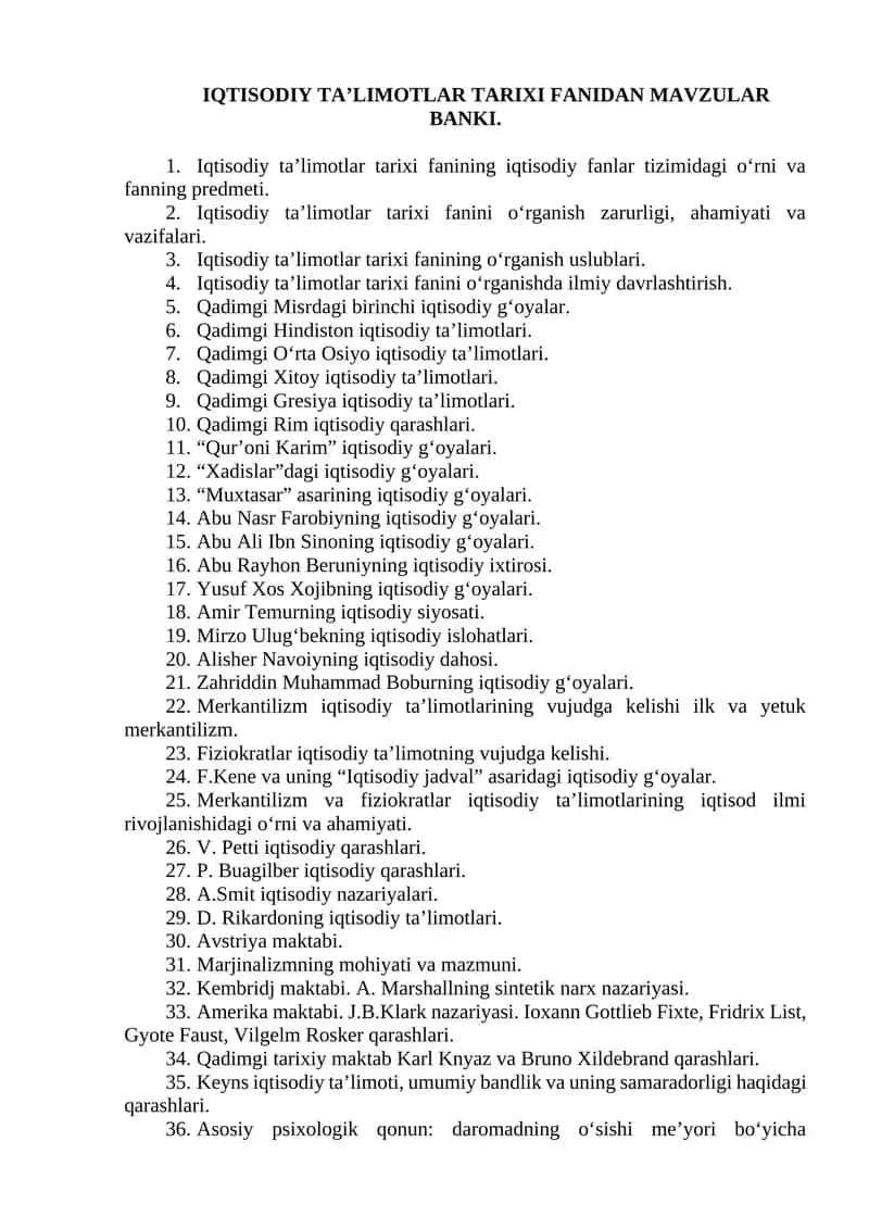 IQTISODIY TA’LIMOTLAR TARIXI FANIDAN MAVZULAR BANKI 1