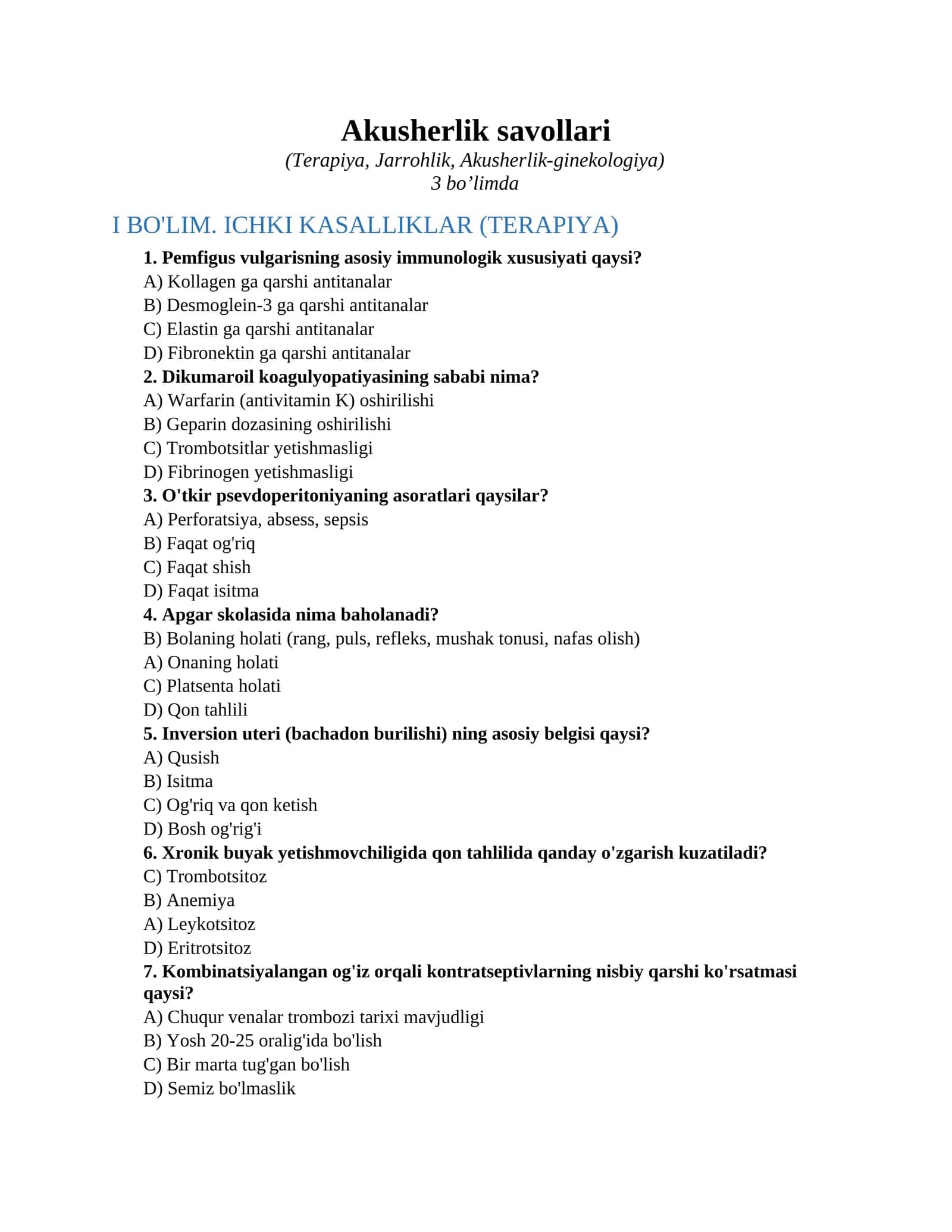 Akusherlik savollari 1