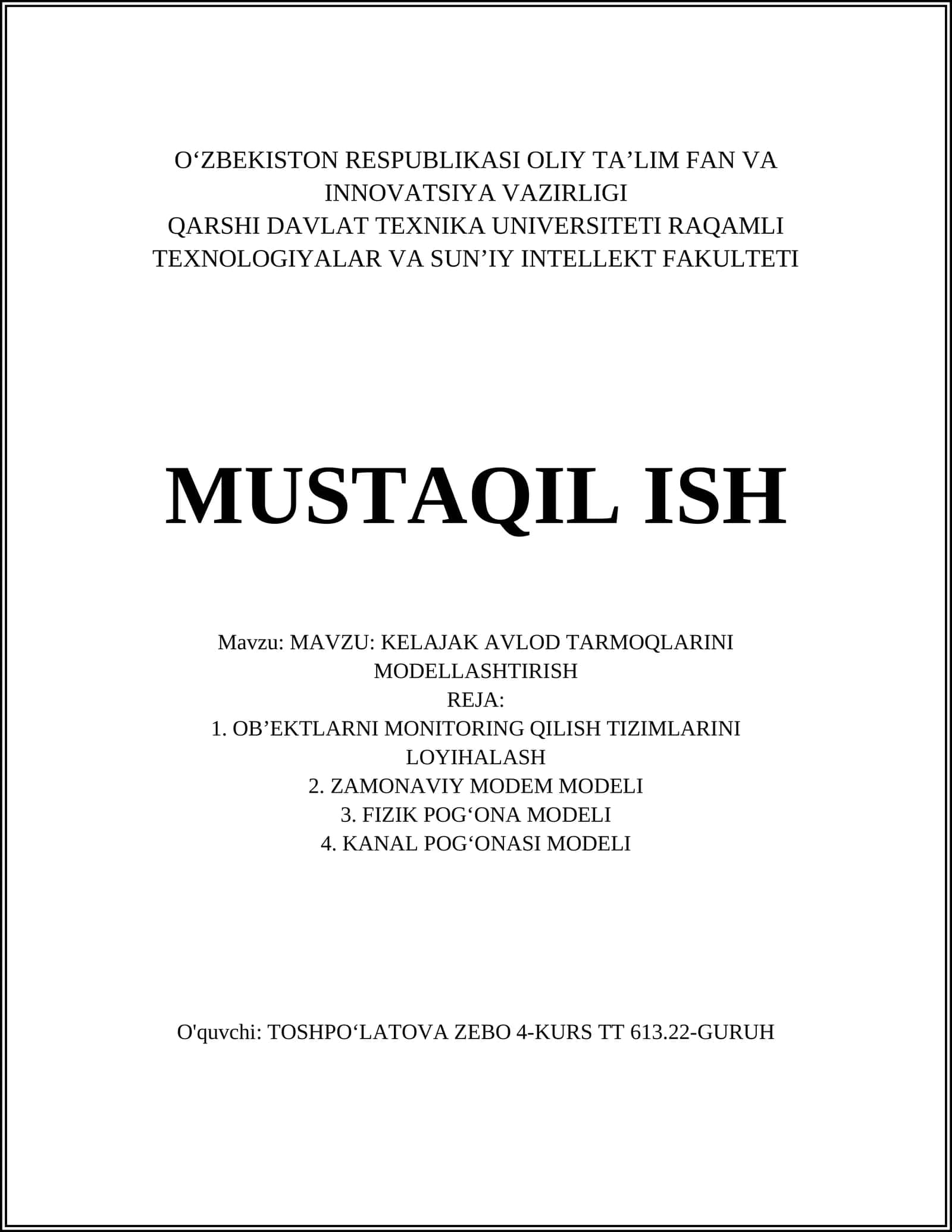 Kelajak Avlod Tarmoqlarini Modellashtirish 1