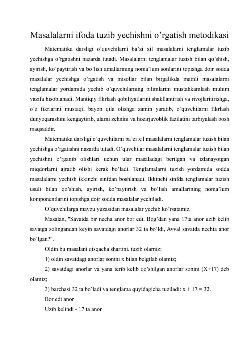 Masalalarni ifoda tuzib yechishni o’rgatish metodikasi 1