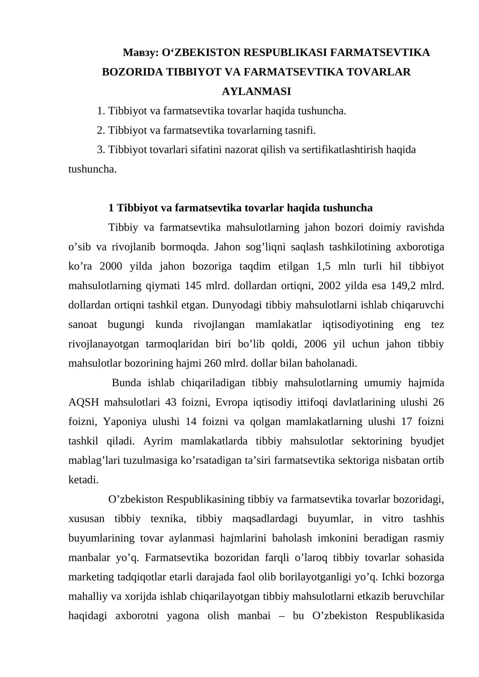 O‘ZBEKISTON RESPUBLIKASI FARMATSEVTIKA BOZORIDA TIBBIYOT VA FARMATSEVTIKA TOVАRLАR AYLANMASI 1