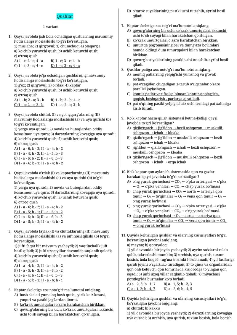 Qushlar va sutemizuvchilar test javobli 1
