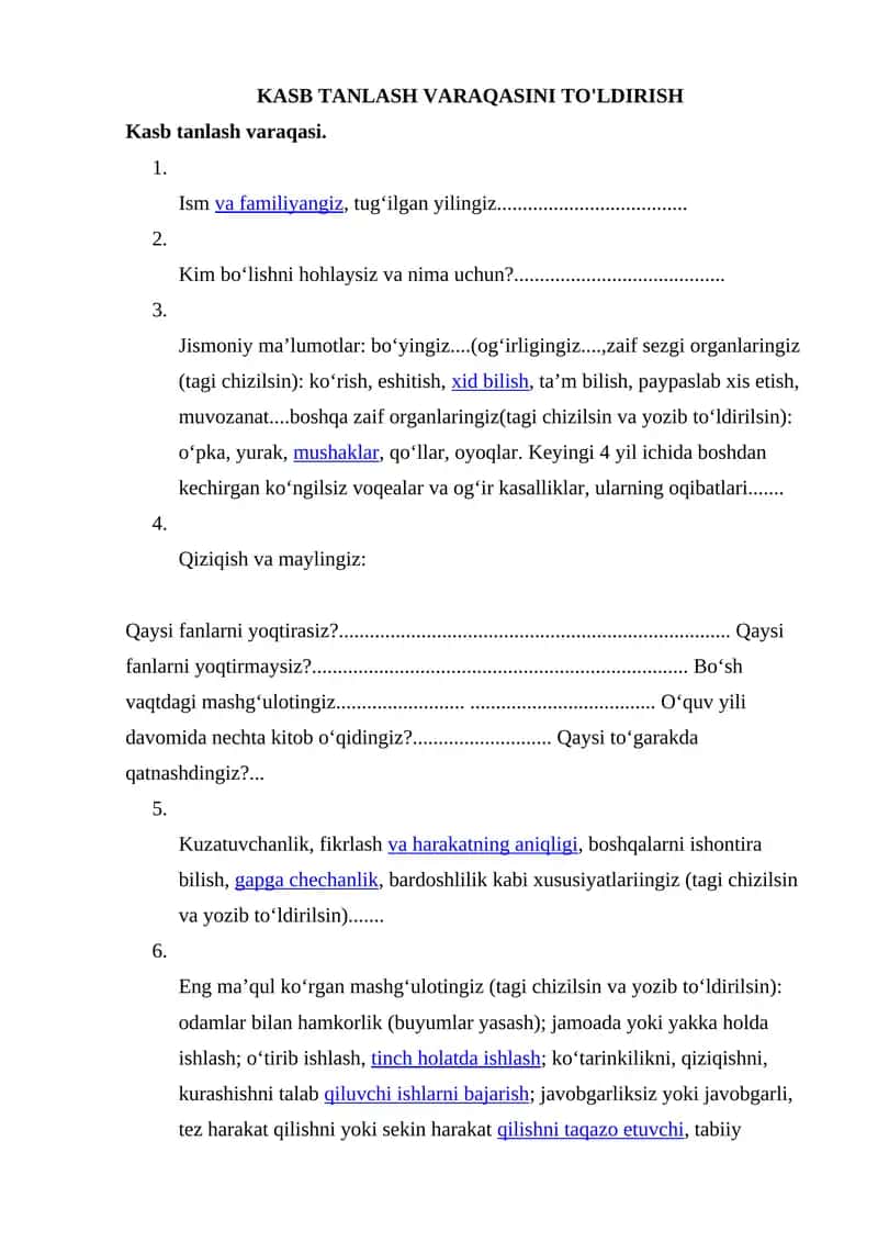 Kasb tanlash varaqasi 1