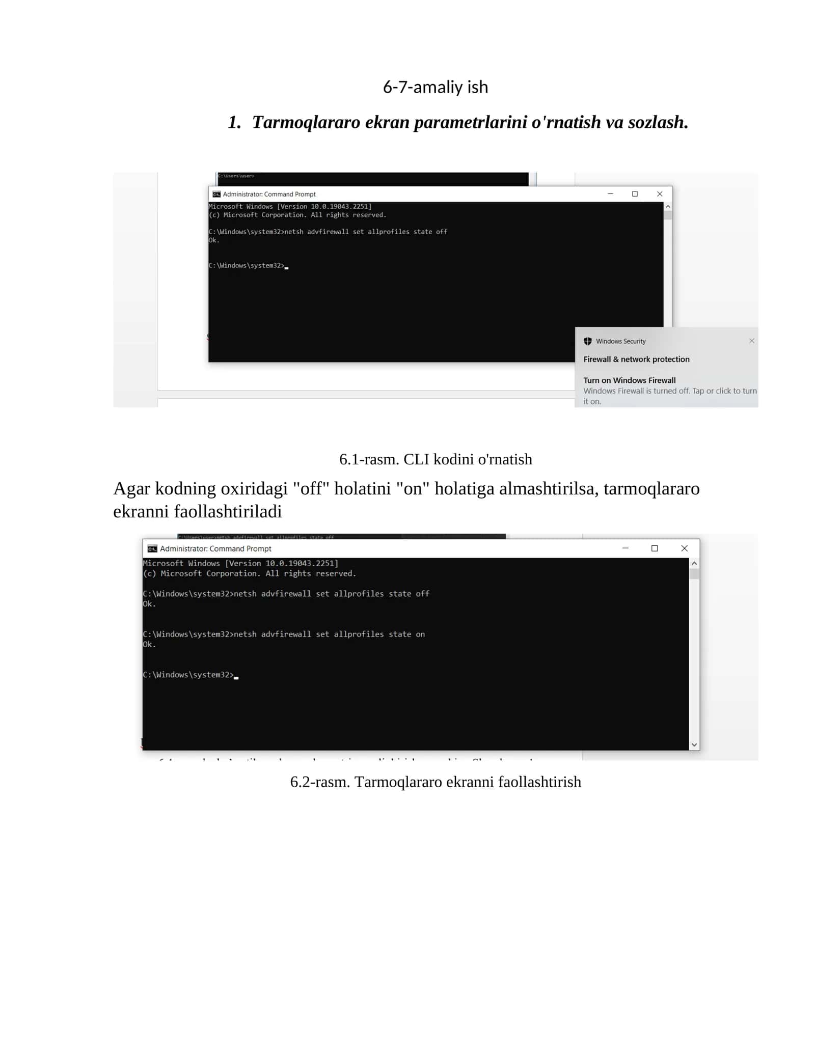 Tarmoqlararo ekran parametrlarini o'rnatish va sozlash 1