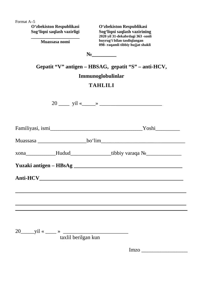 Gepatit “В” antigen – HBSAG, gepatit “С” – анти-HCV tahlil 1