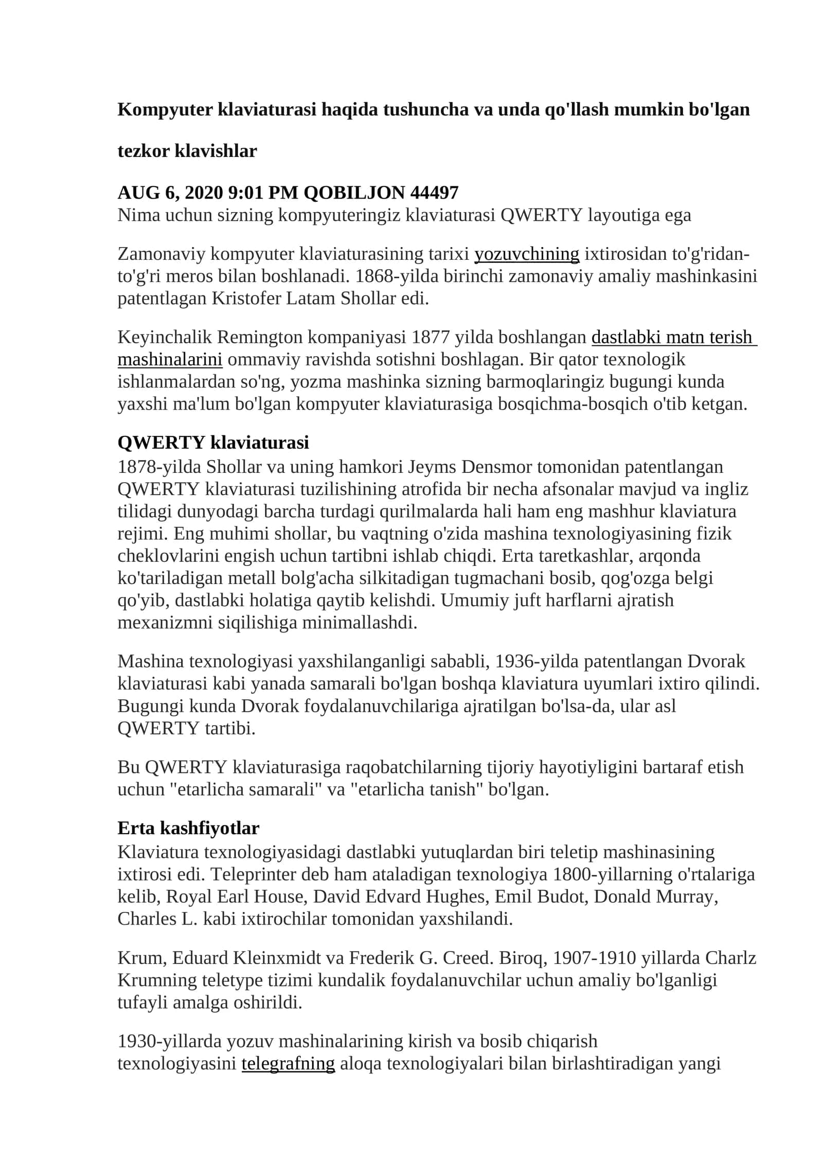Kompyuter klaviaturasi haqida tushuncha va unda qo'llash mumkin bo'lgan tezkor klavishlar 1