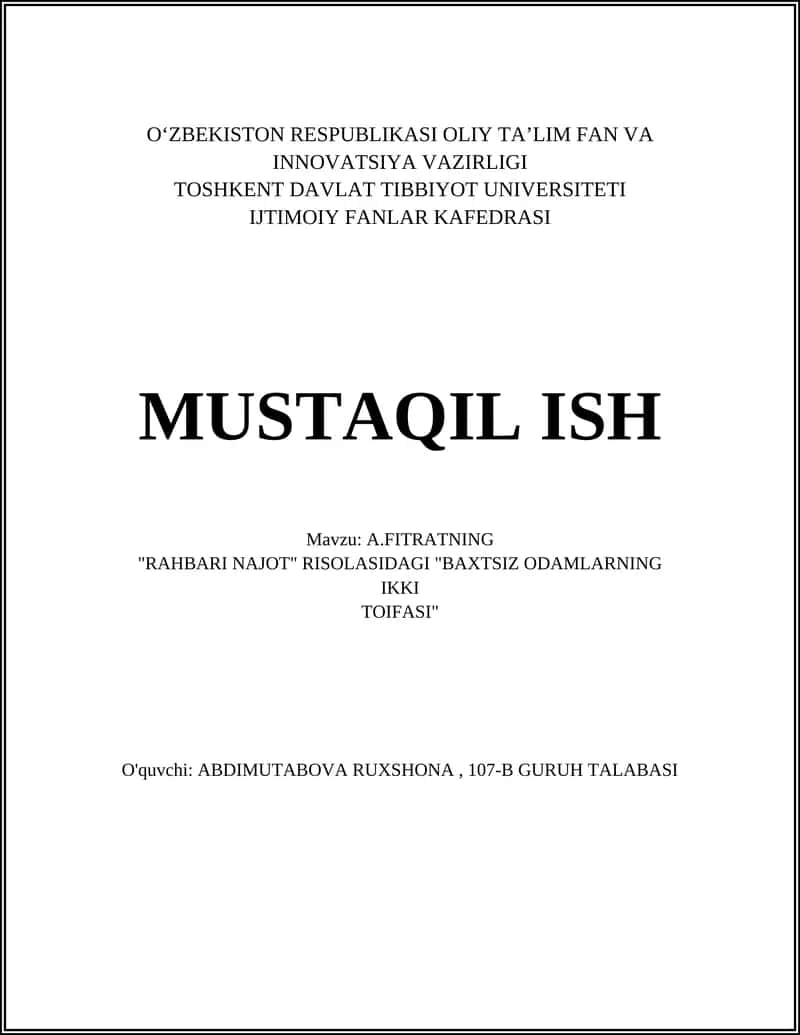 A.FITRATNING "RAHBARI NAJOT" RISOLASIDAGI "BAXTSIZ ODAMLARNING IKKI TOIFASI" 1