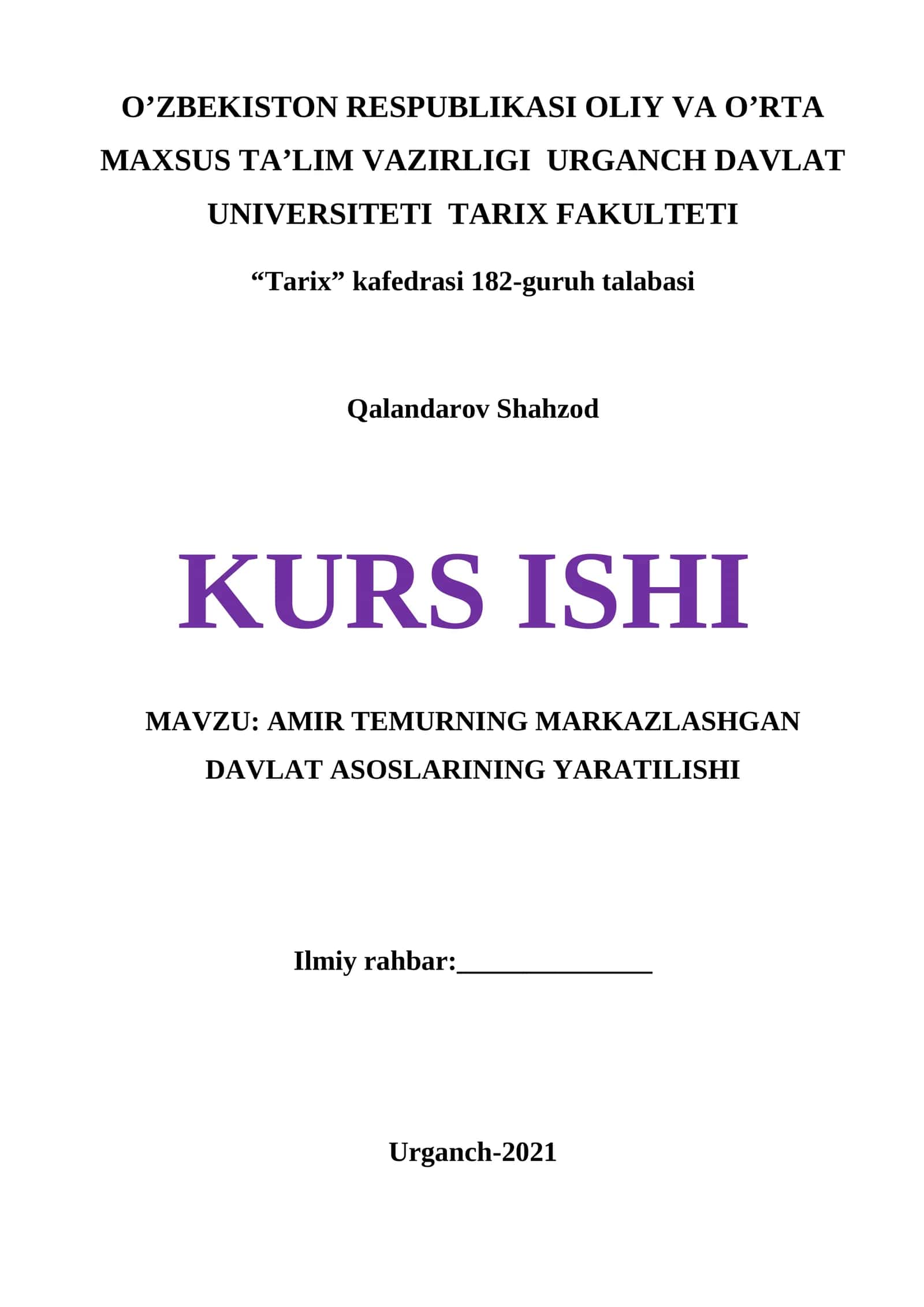 AMIR TEMURNING MARKAZLASHGAN DAVLAT ASOSLARINING YARATILISHI 1