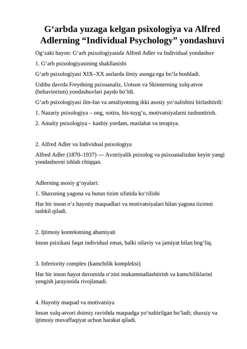 Alfred Adler va Individual psixologiya 1