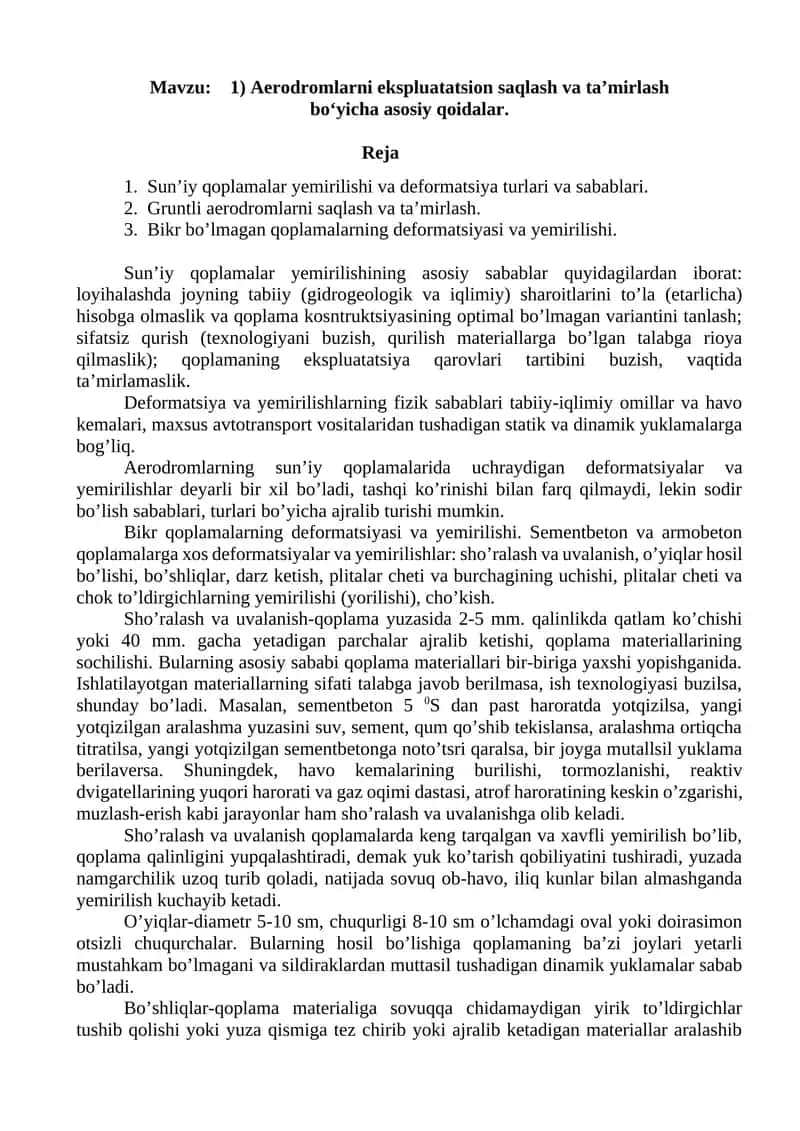 Aerodromlarni ekspluatatsion saqlash va ta’mirlash bo‘yicha asosiy qoidalar 1