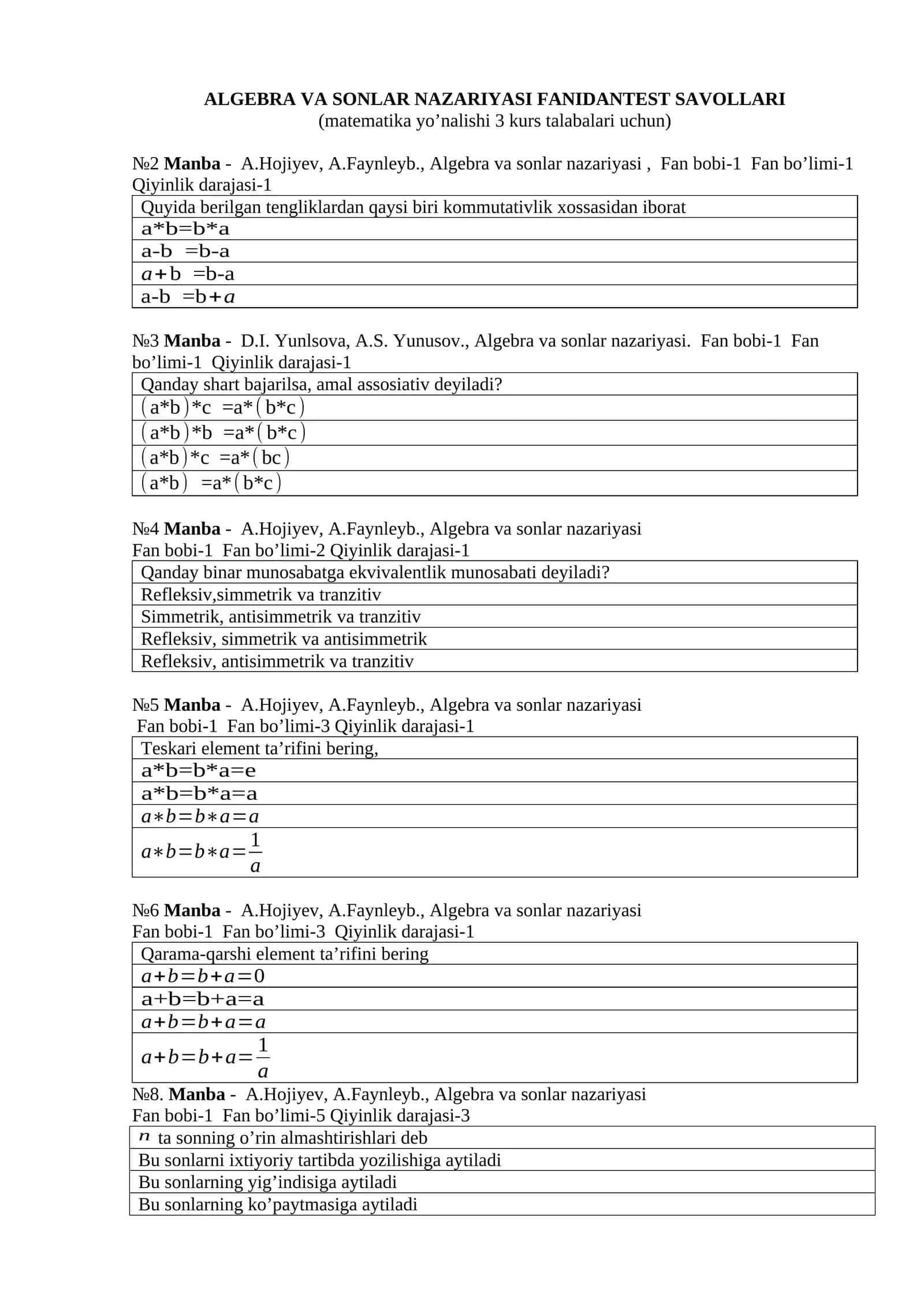 ALGEBRA VA SONLAR NAZARIYASI FANIDANTEST SAVOLLARI 1
