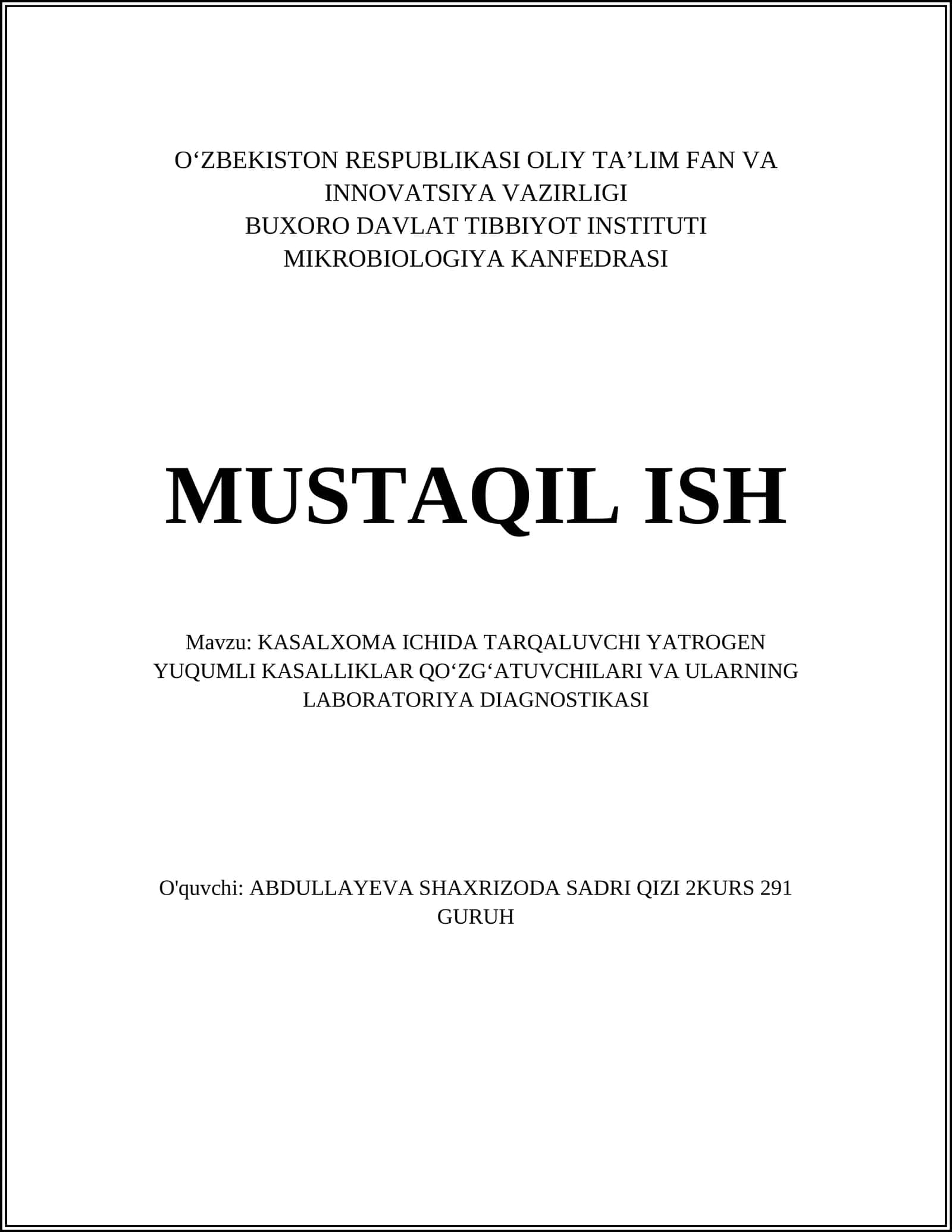 KASALXOMA ICHIDA TARQALUVCHI YATROGEN YUQUMLI KASALLIKLAR QOʻZGʻATUVCHILARI VA ULARNING LABORATORIYA DIAGNOSTIKASI 1