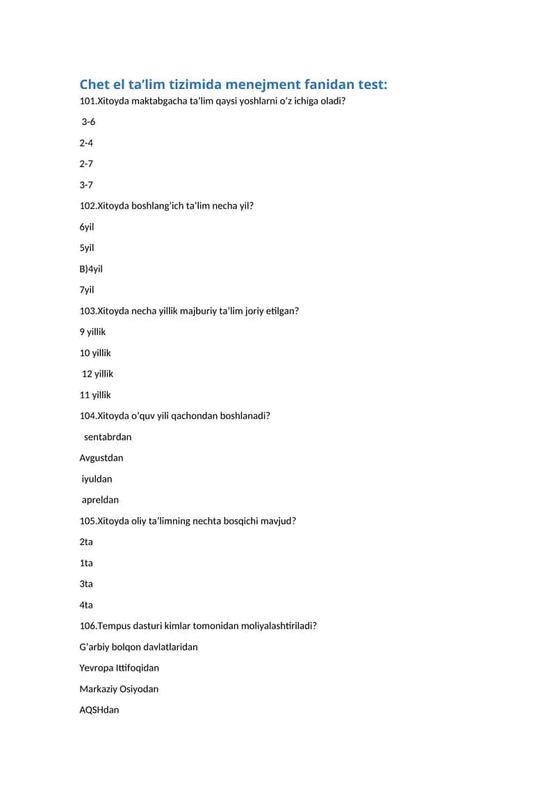 Chet el ta’lim tizimida menejment fanidan test 1