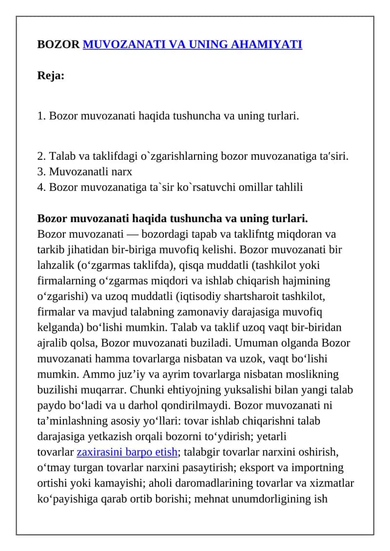 Bozor muvozanati va uning ahmiyati 1