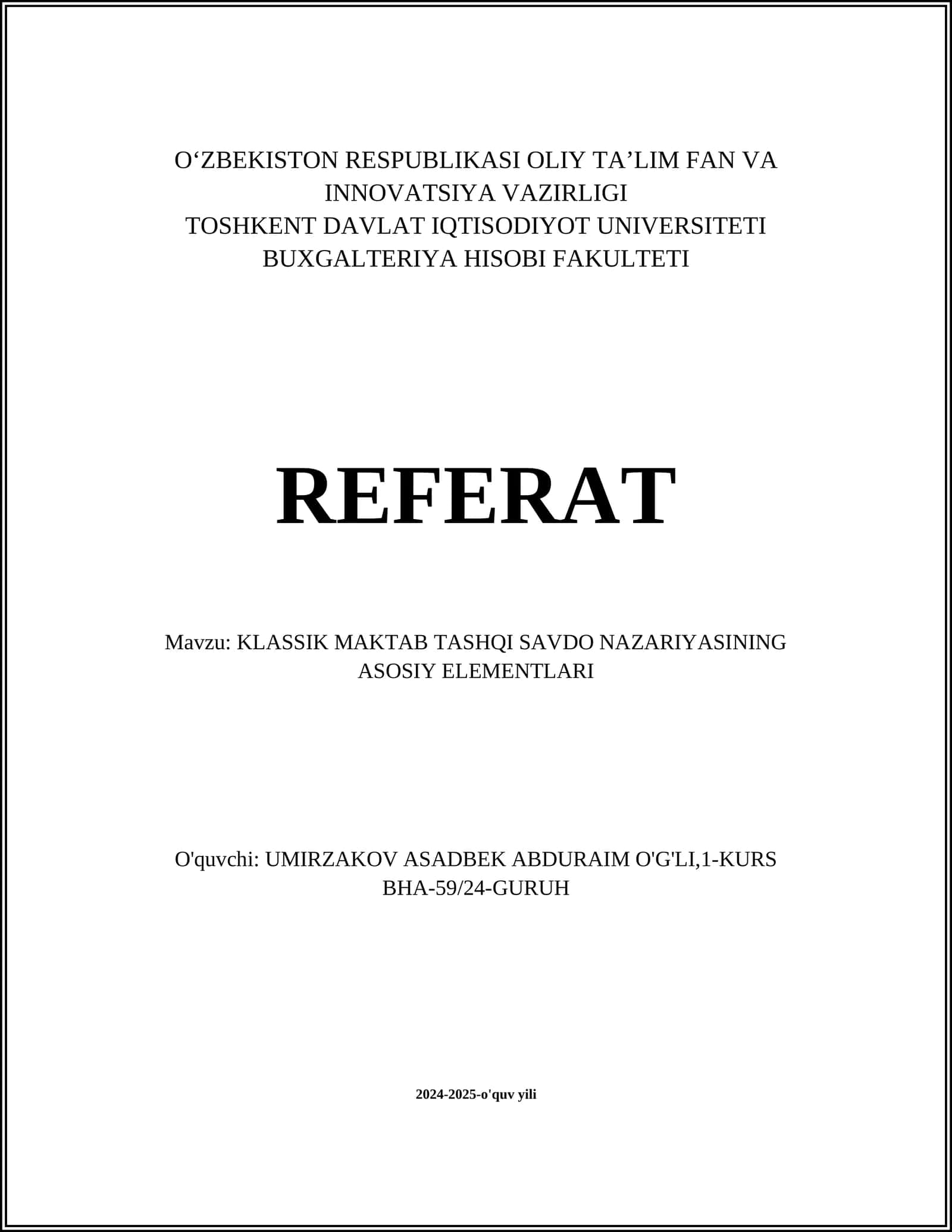 KLASSIK MAKTAB TASHQI SAVDO NAZARIYASINING ASOSIY ELEMENTLARI 1