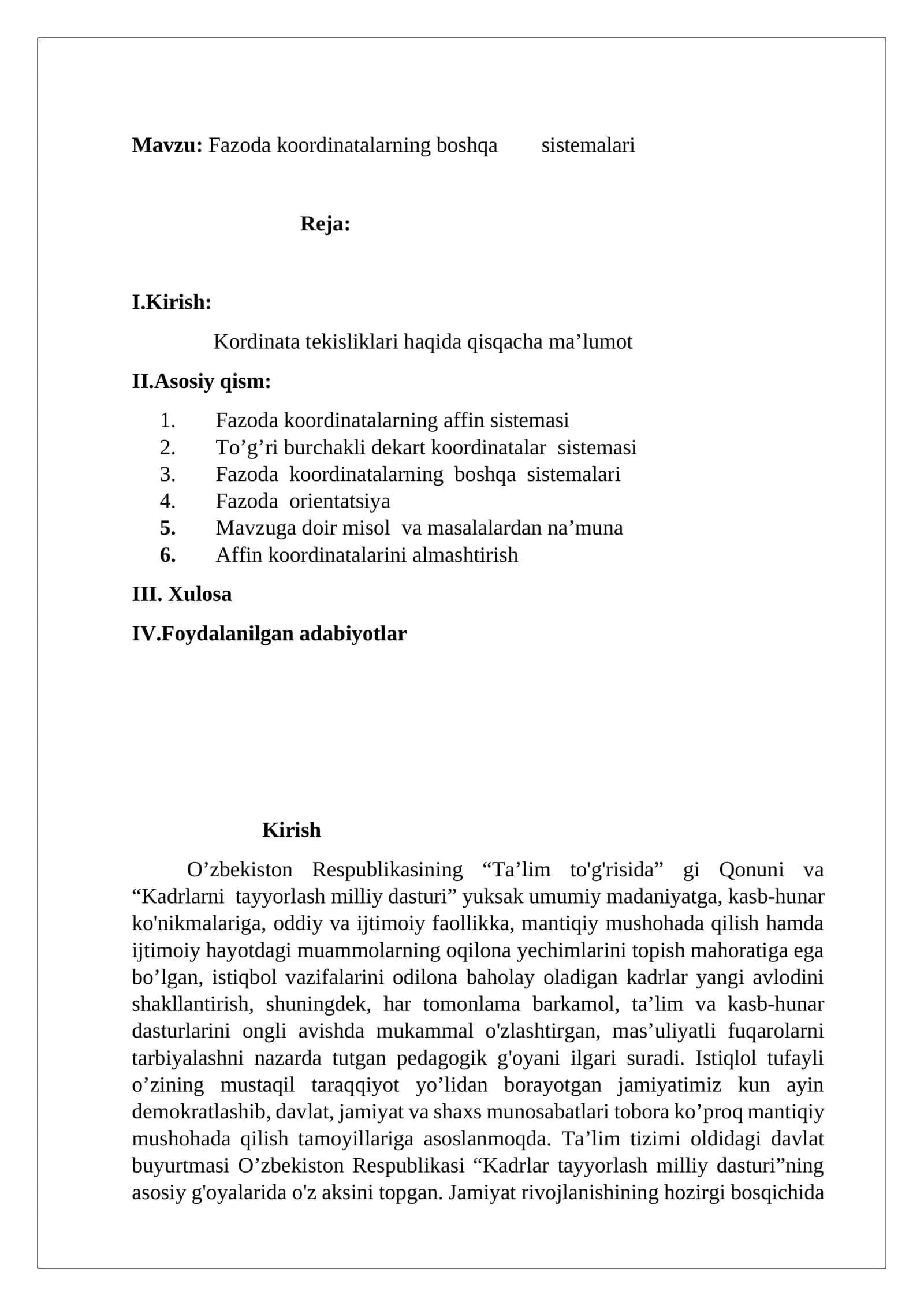 Fazoda koordinatalarning boshqa sistemalari 1