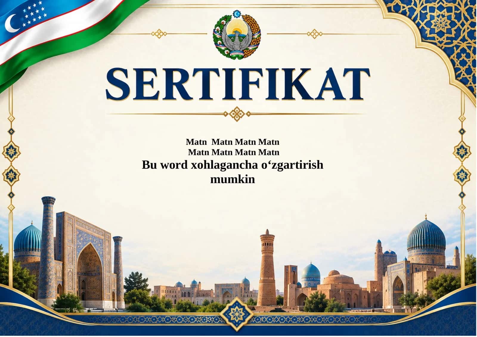 Sertifikat shablon blanka  Word formatda o‘zgartiriladigan 1