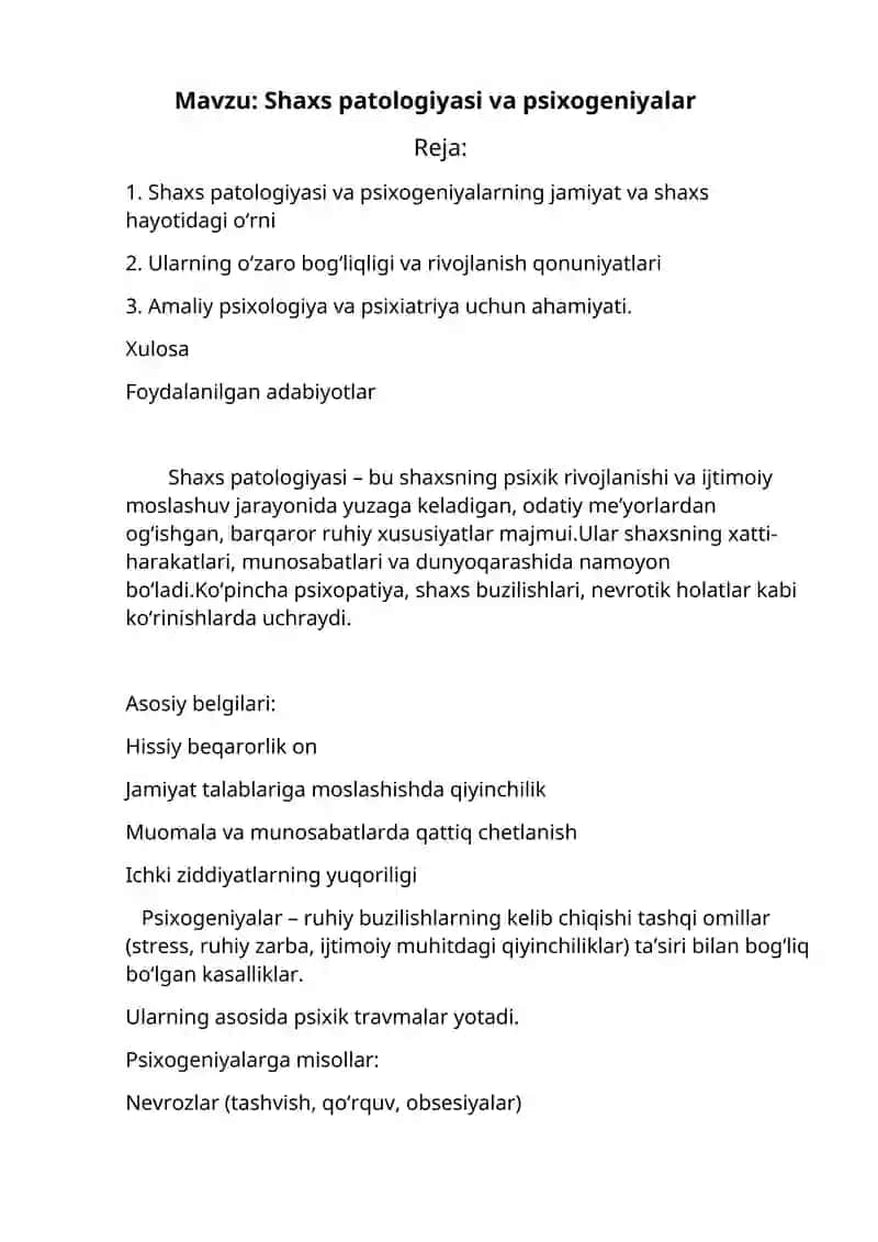 Shaxs patologiyasi va psixogeniyalar