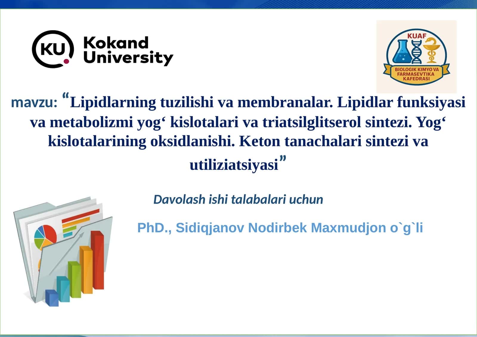Lipidlarning tuzilishi va membranalar. Lipidlar funksiyasi va metabolizmi yog‘ kislotalar va triatsilgliserol sintezi. Yog‘ kislotalarining oksidlanishi. Keton tanachalar sintezi va utilizatsiyasi 1