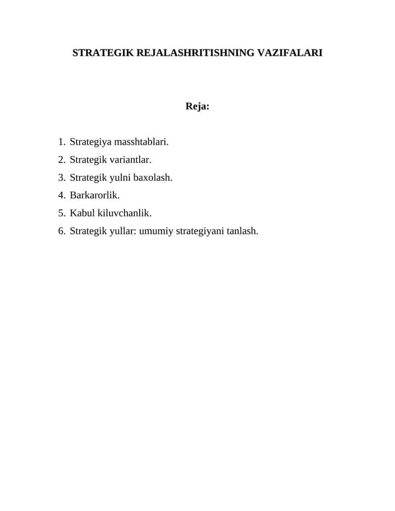 strategik rejalashritishning Vazifalari 1