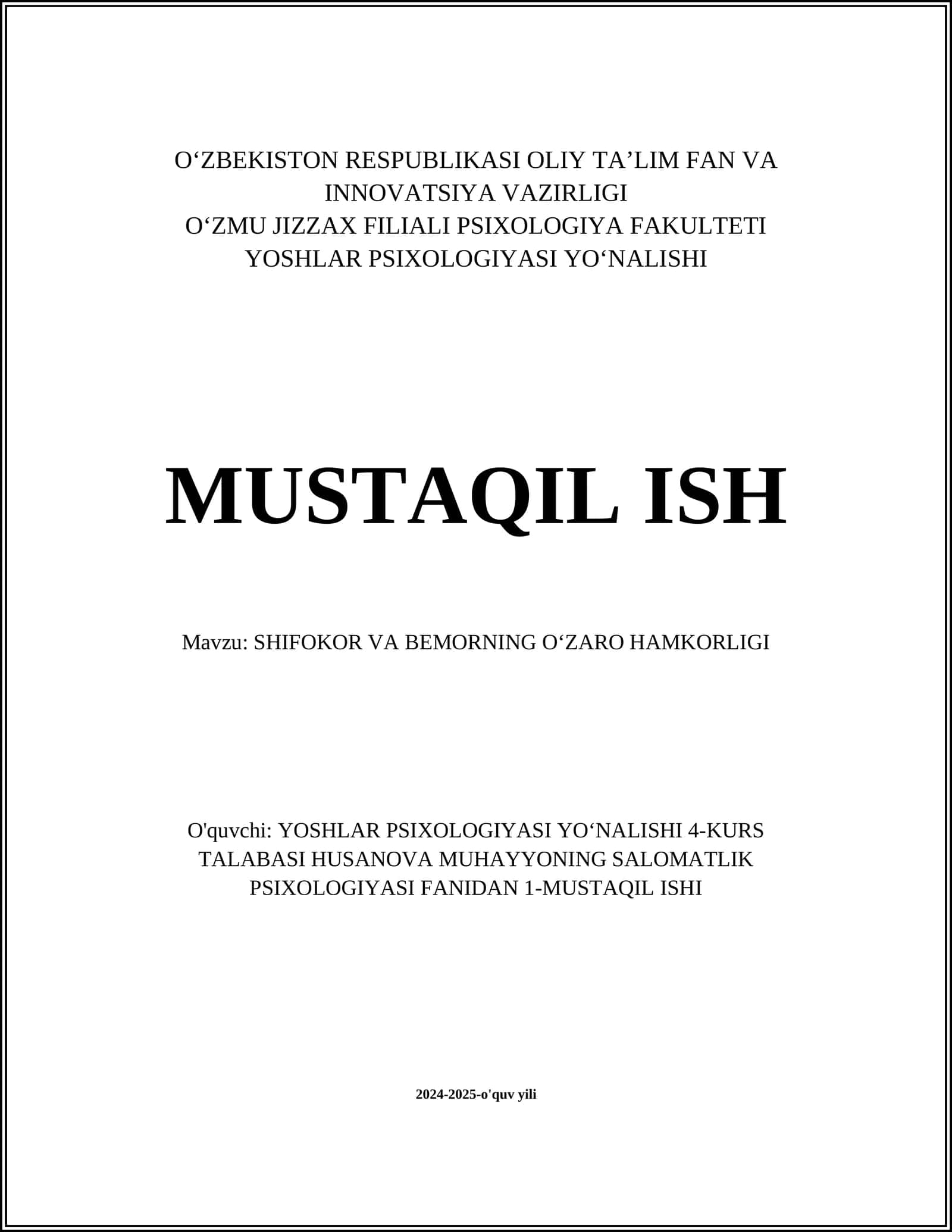 SHIFOKOR VA BEMORNING OʻZARO HAMKORLIGI 1