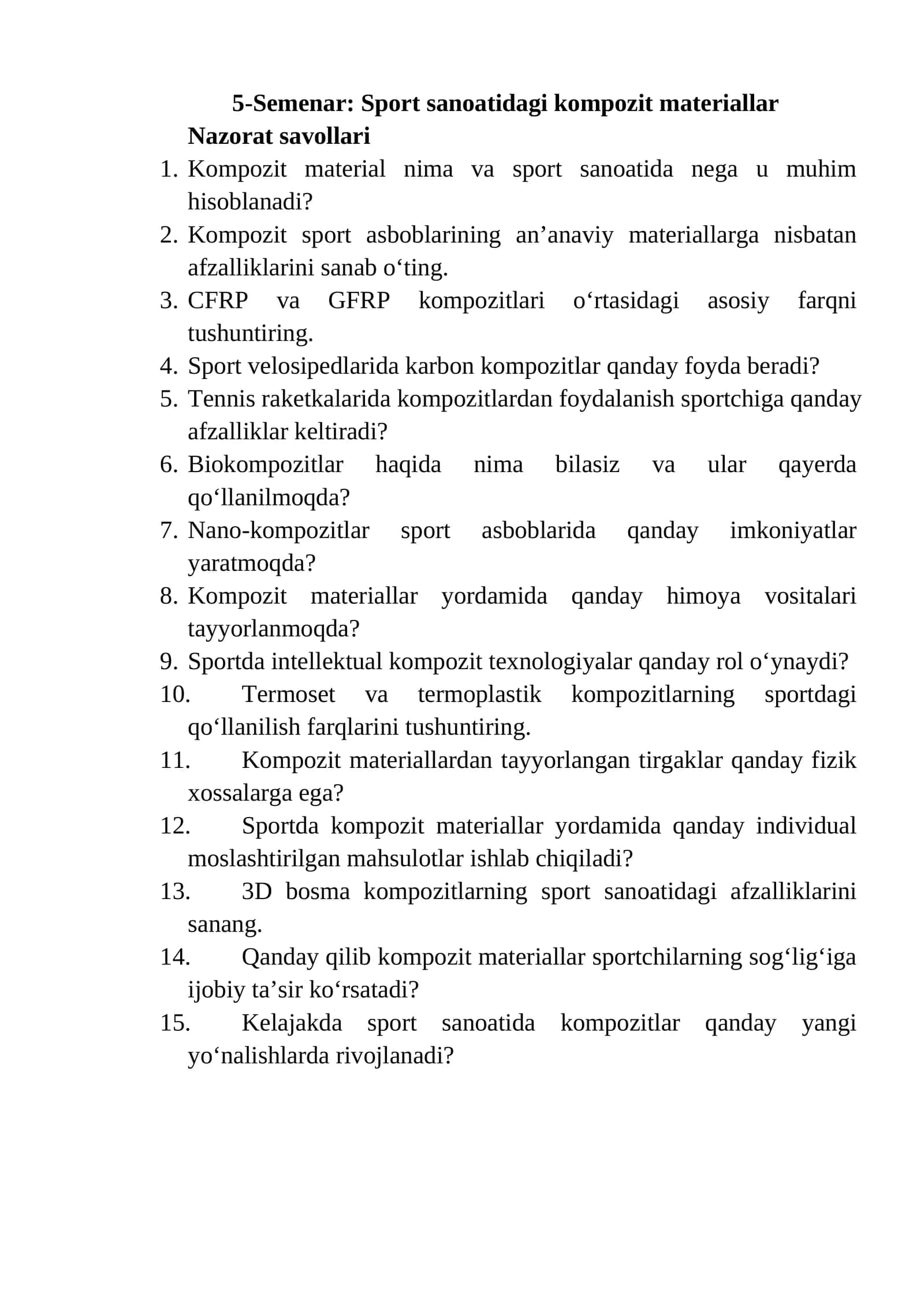 5-Semenar: Sport sanoatidagi kompozit materiallar 1