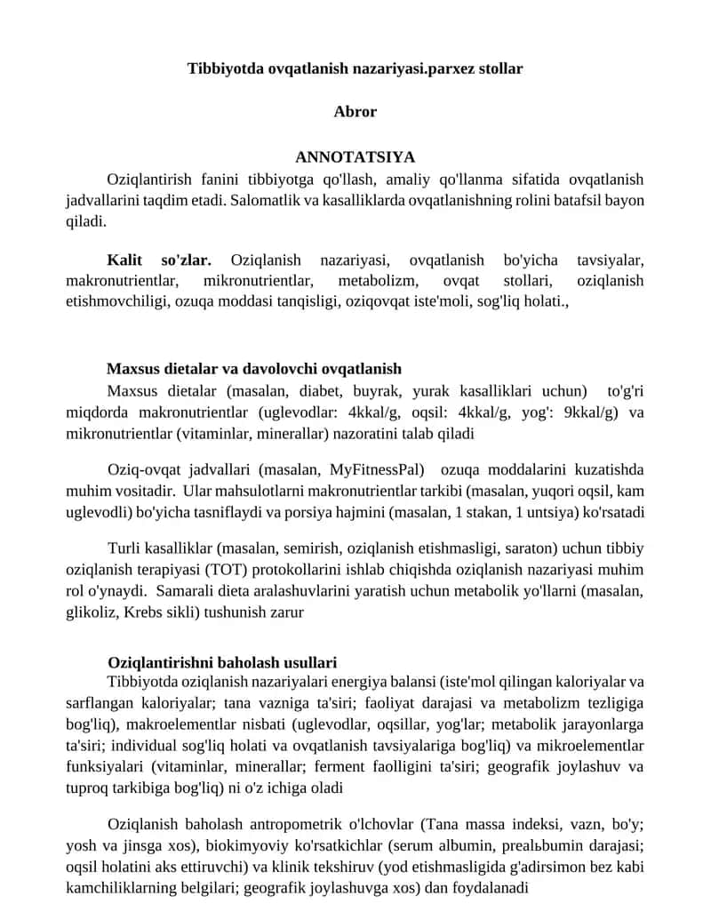 Tibbiyotda ovqatlanish nazariyasi 1