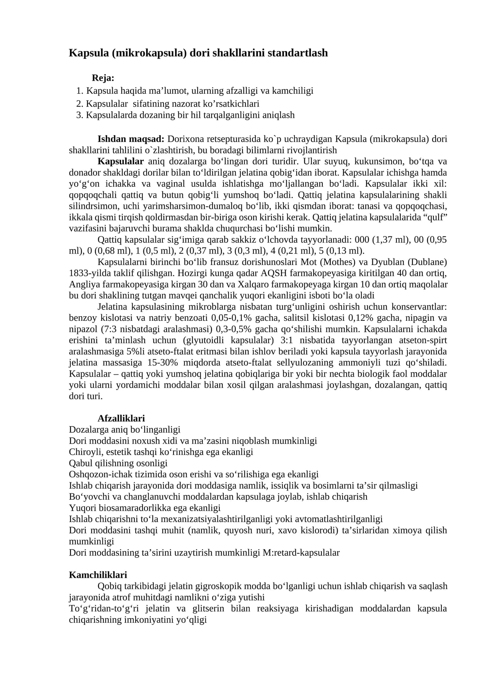 Kapsula (mikrokapsula) dori shakllarini standartlash 1