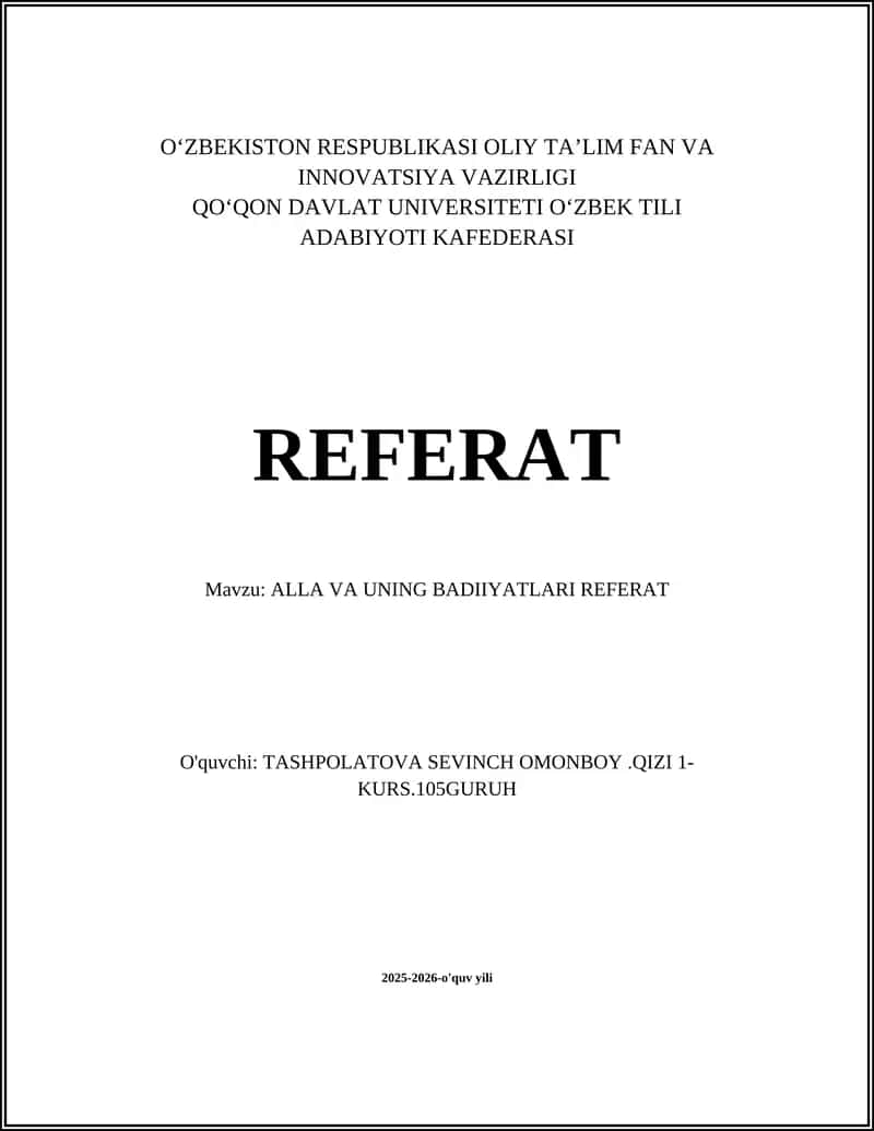 ALLA VA UNING BADIIYATLARI REFERAT 1