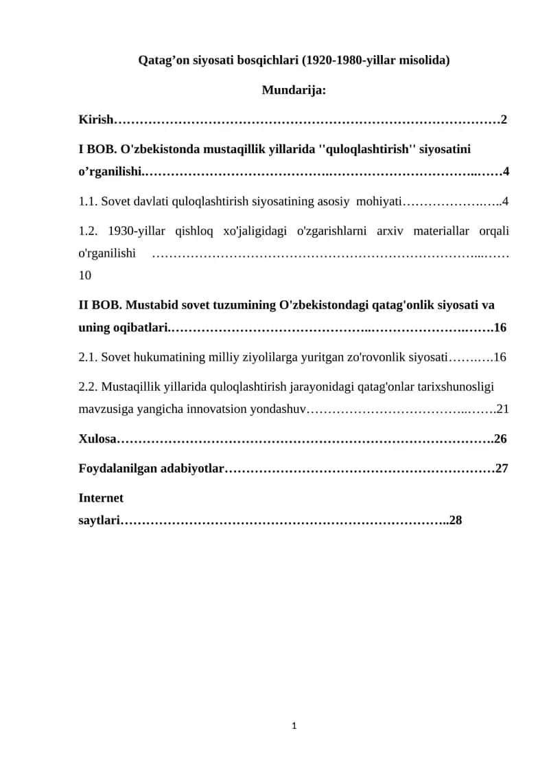 Qatag’on siyosati bosqichlari (1920-1980-yillar misolida) 1