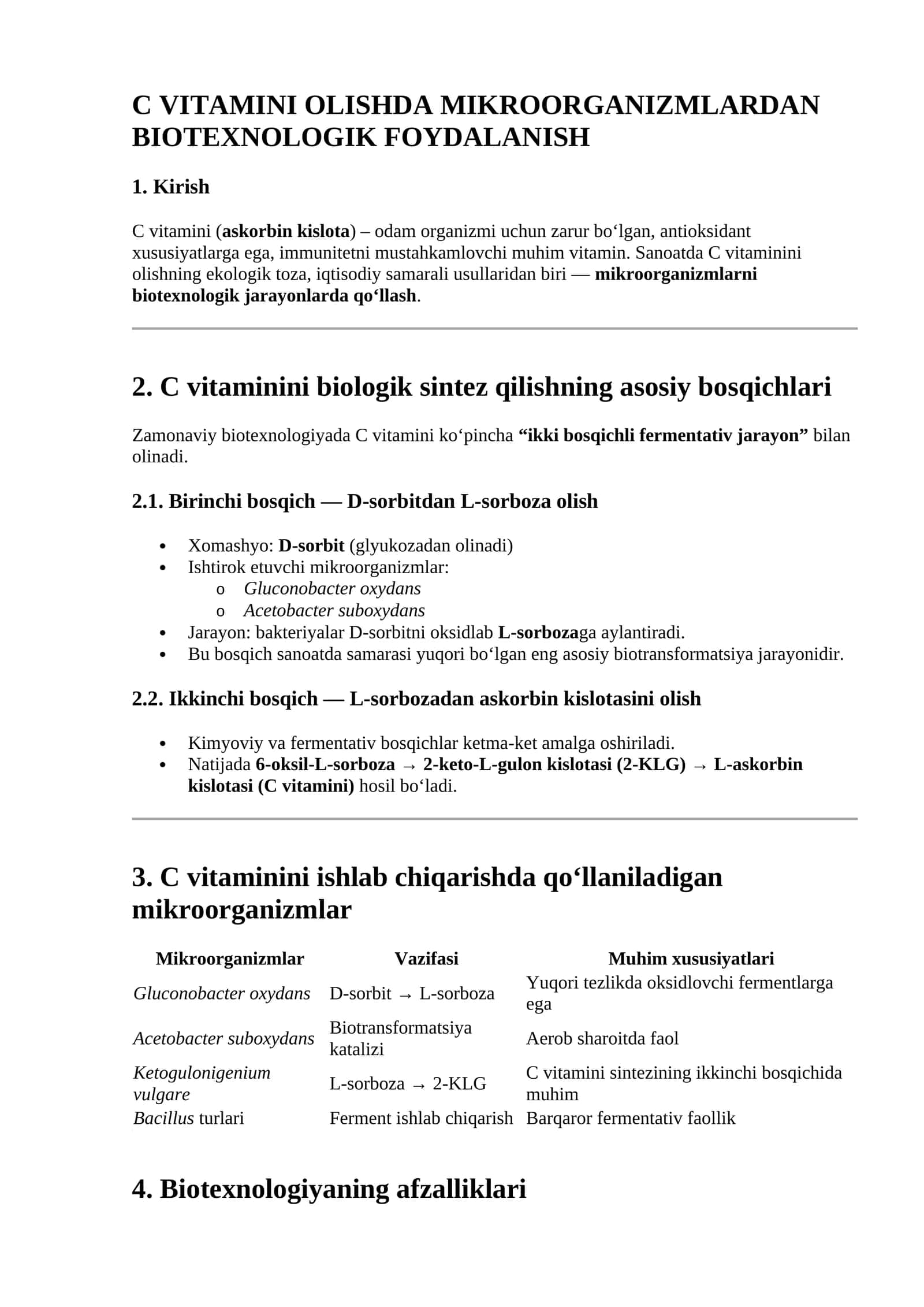 C VITAMINI OLISHDА MIKROORGANIZMLARDAN BIOTEXNOLOGIK FOYDALANISH 1