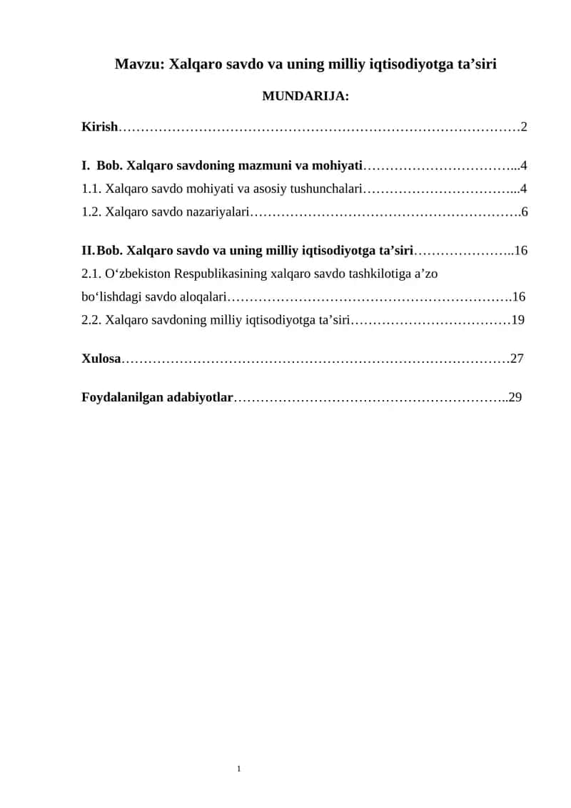 Xalqaro savdo va uning milliy iqtisodiyotga ta’siri 1