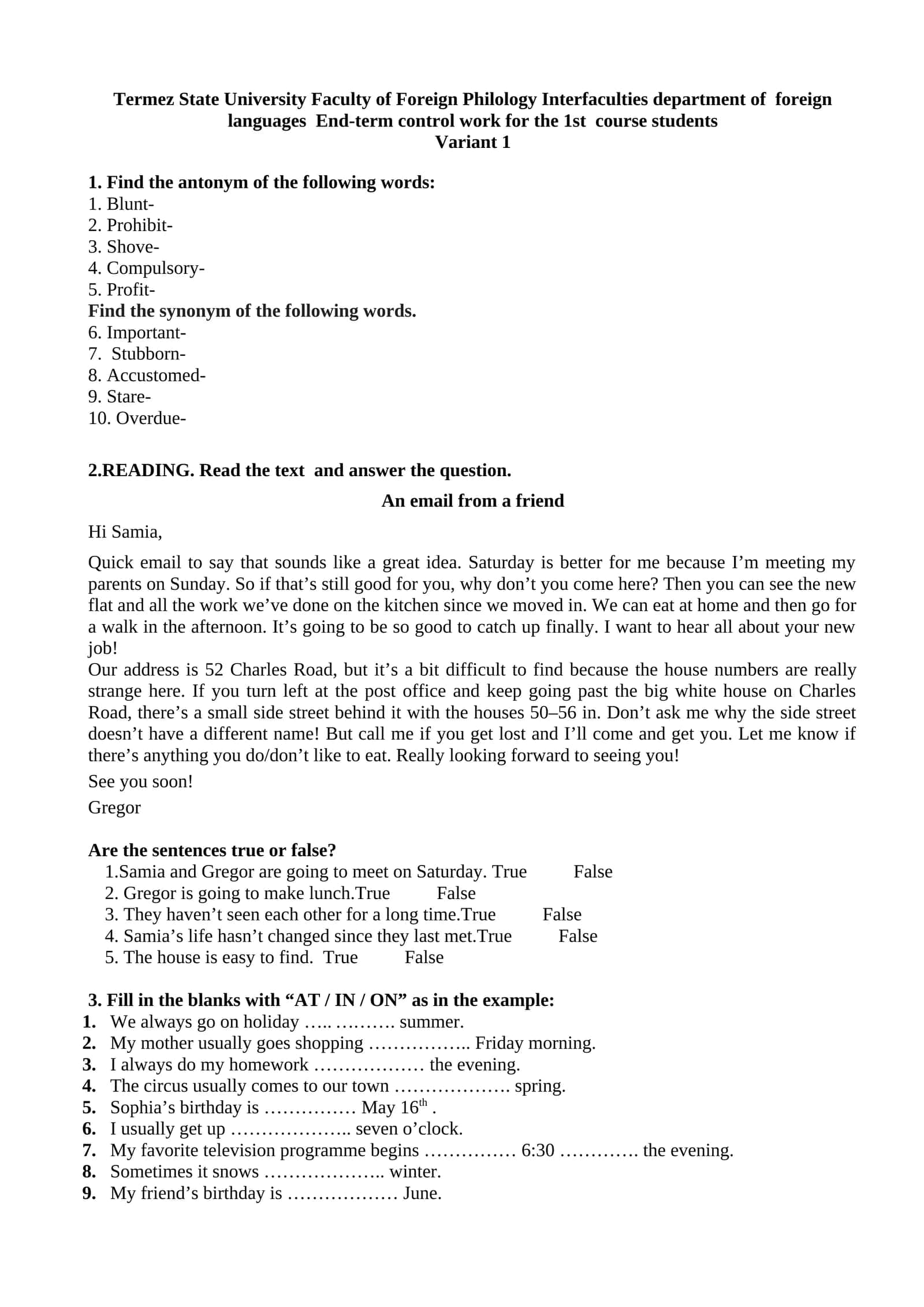 End-term control work for the 1st course students 1