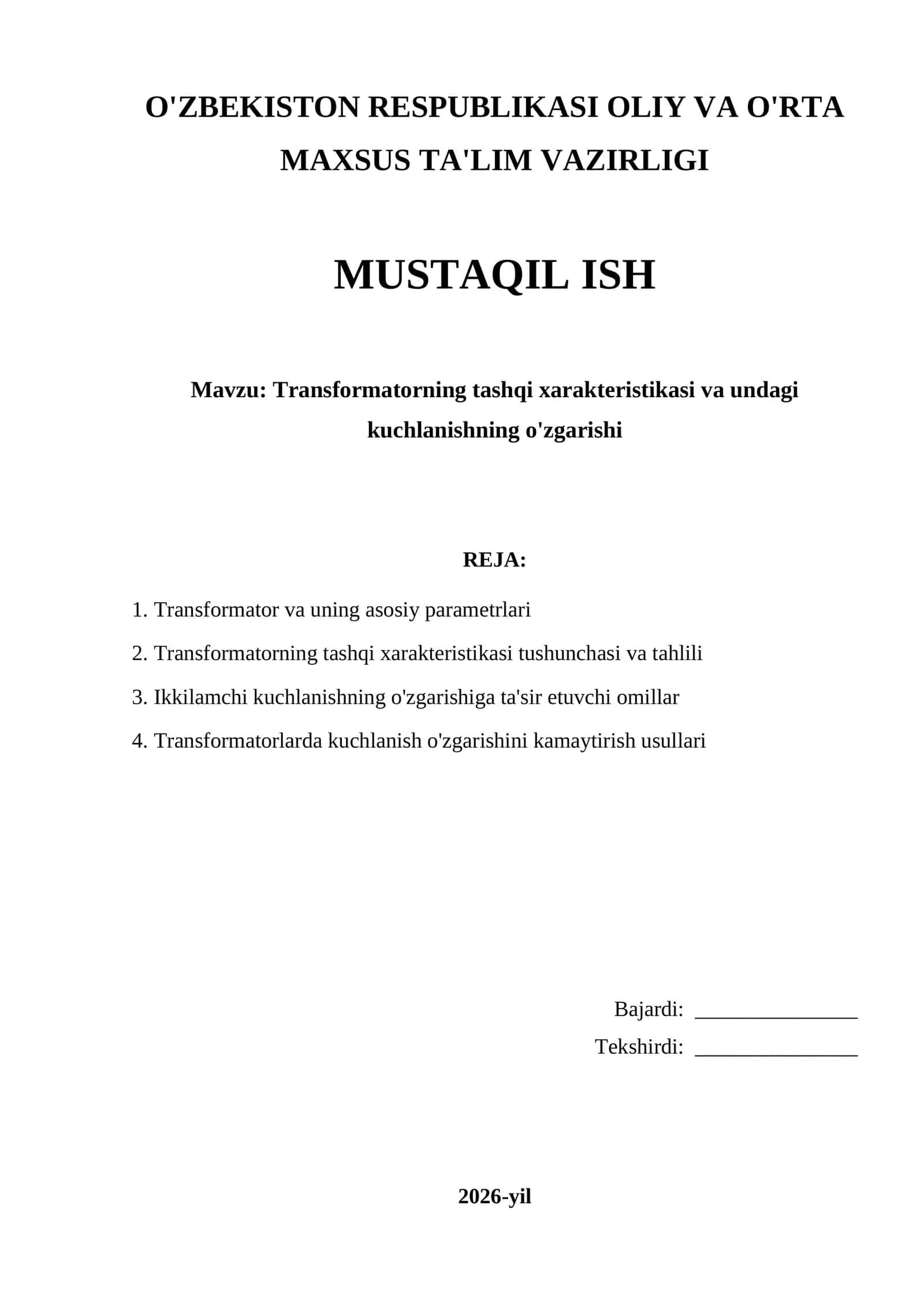 Transformatorning tashqi xarakteristikasi va undagi kuchlanishning o'zgarishi 1