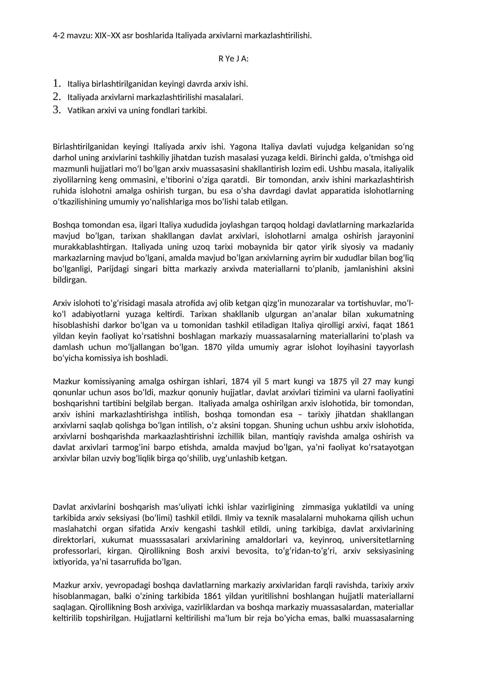 XIX–XX asr boshlarida Italiyada arxivlarni markazlashtirilishi 1