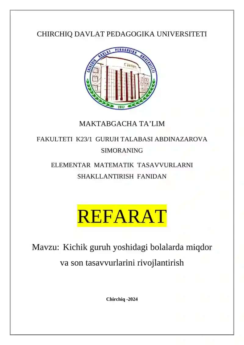 ELEMENTAR MATEMATIK TASAVVURLARNI SHAKLLANTIRISH FANIDAN REFARAT