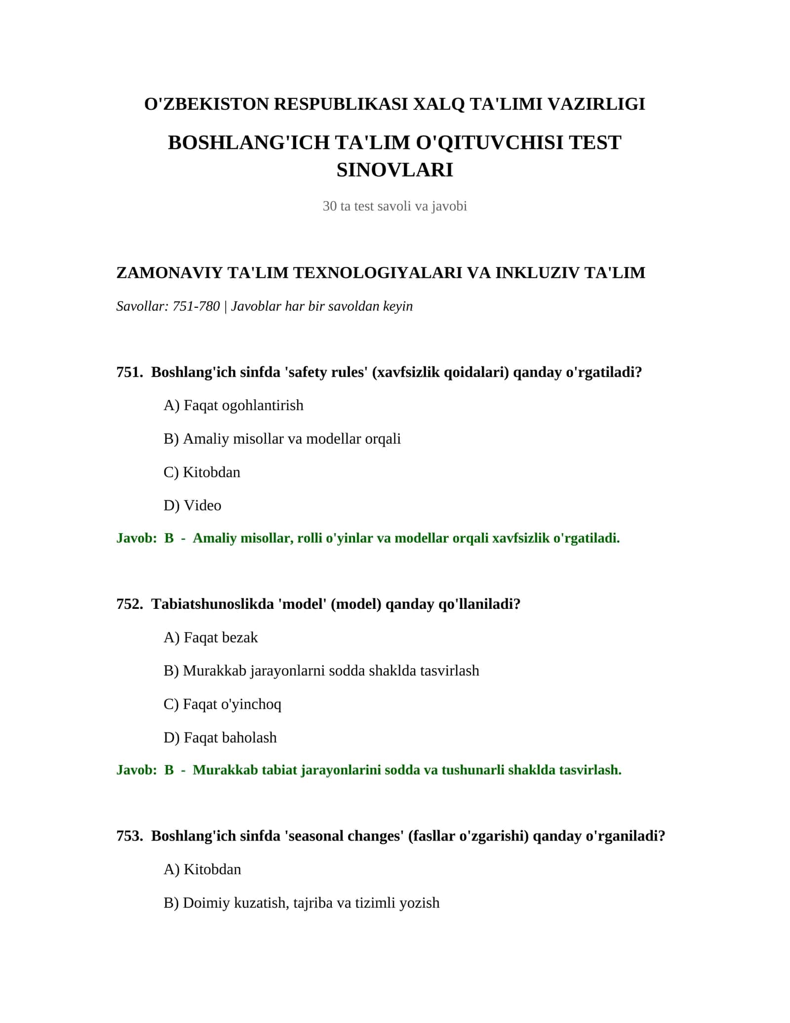 BOSHLANG'ICH TA'LIM O'QITUVCHISI TEST SINOVLARI 1