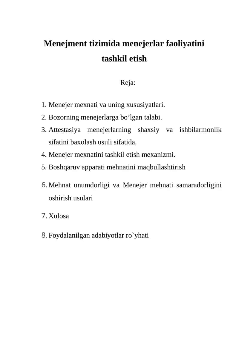 Menejment tizimida menejerlar faoliyatini tashkil etish 1
