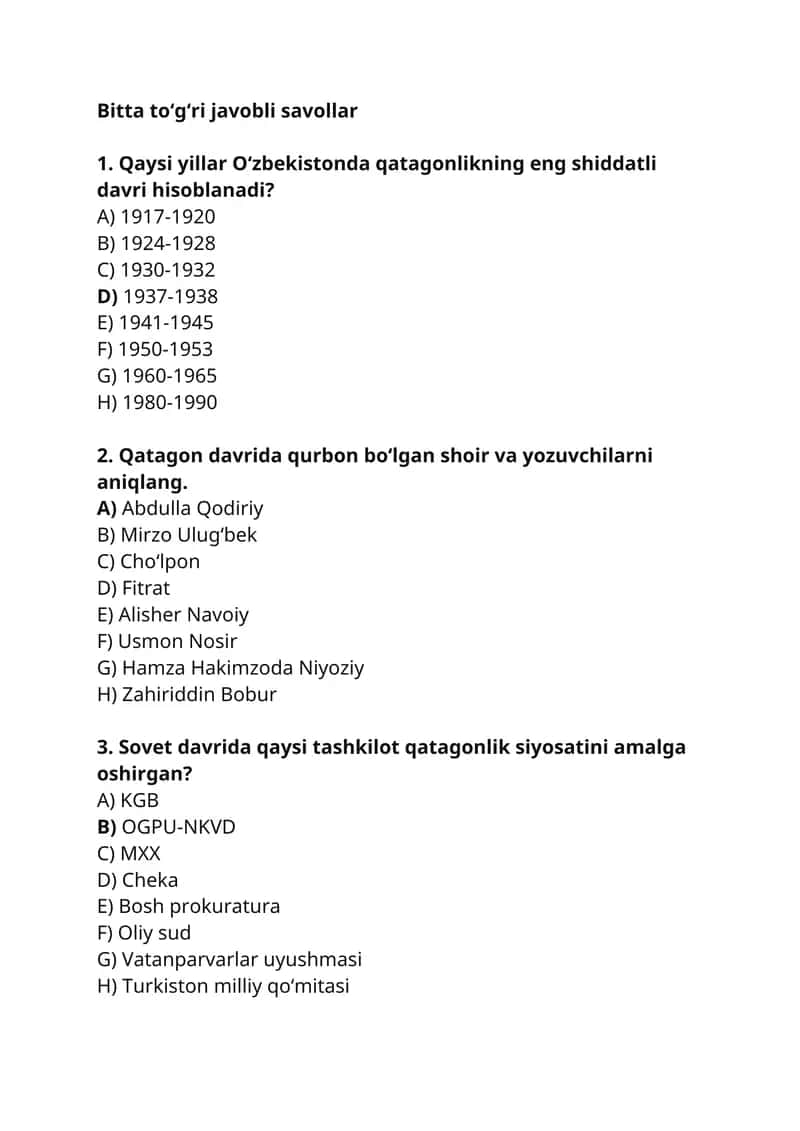 OʻZBEKISTONDA QATAGʻONLIK. TEST JAVOBI BILAN 1