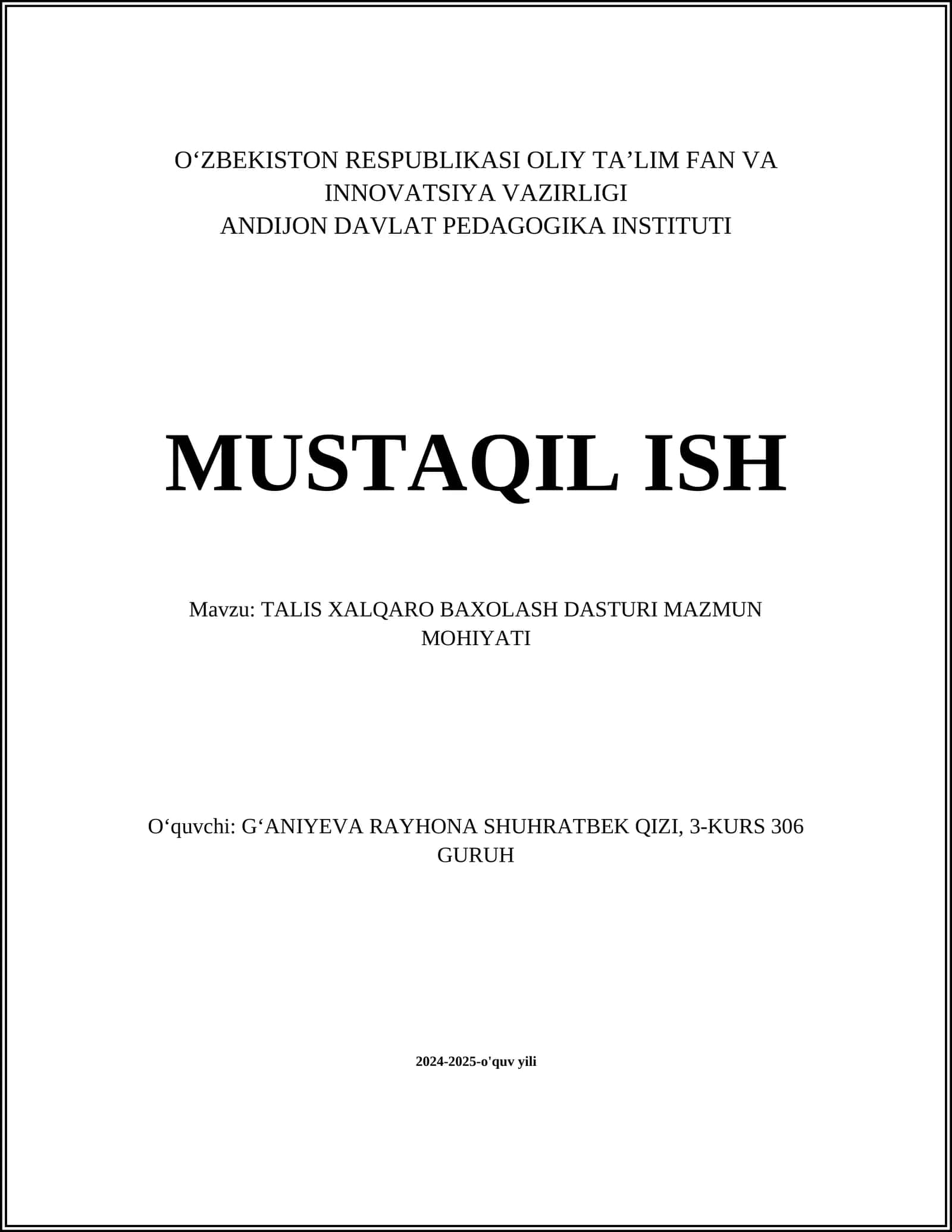 TALIS XALQARO BAXOLASH DASTURI MAZMUN MOHIYATI 1