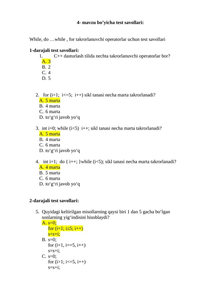 4- mavzu bo’yicha test savollari: While, do …while, for takrorlanuvchi operatorlar uchun test savollari 1