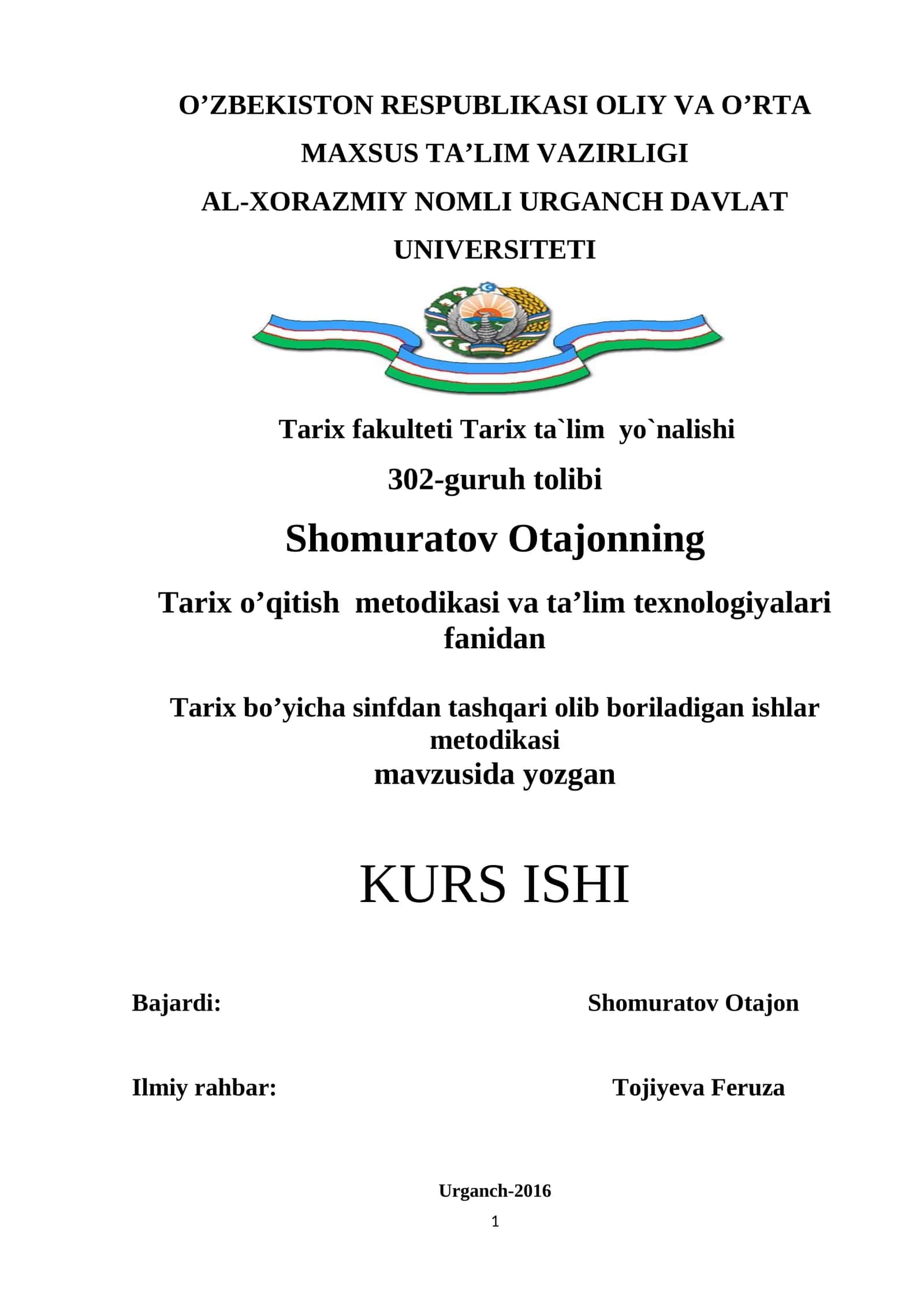 Tarix bo’yicha sinfdan tashqari olib boriladigan ishlar metodikasi 1