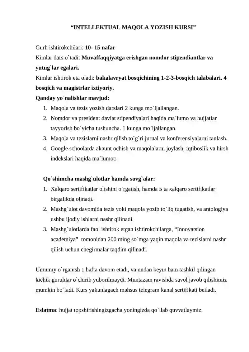INTELLEKTUAL MAQOLA YOZISH KURSI